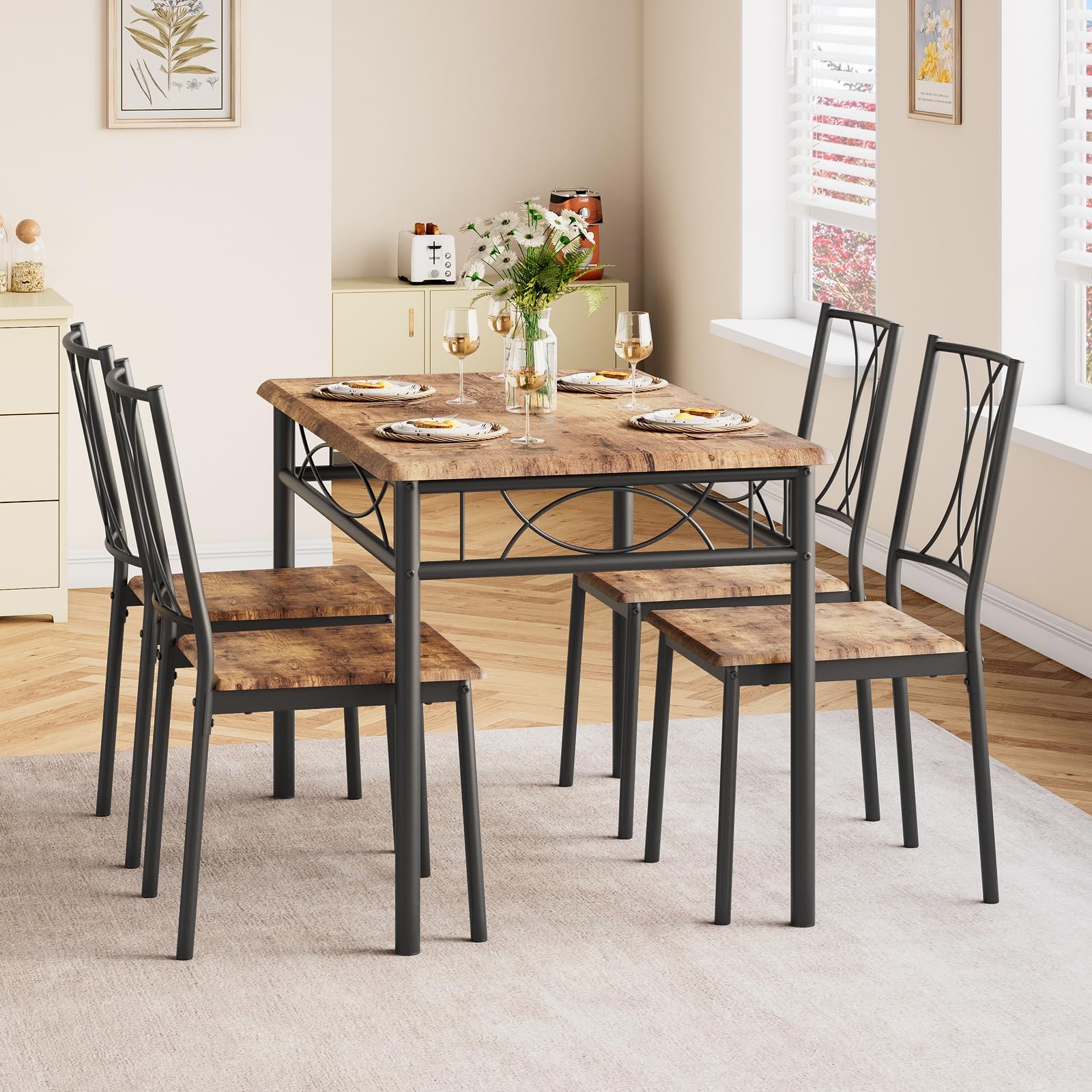 💎Dining Table Set for 4 with Upholstered Chairs Wood Kitchen Table Chairs Set