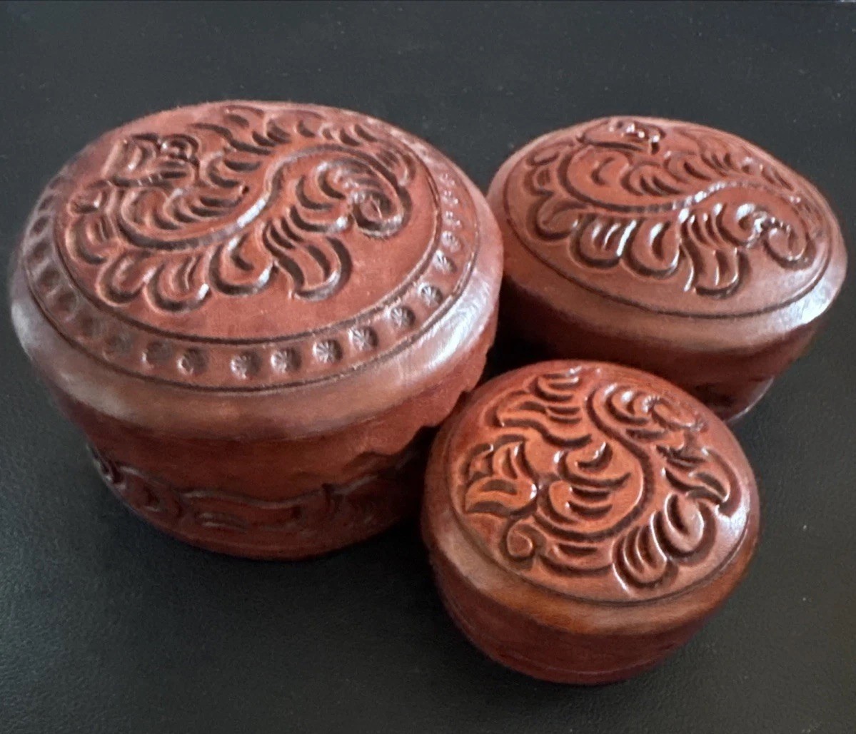 Set of 3 Peruvian Tooled Leather Nesting Trinket Boxes, Round Floral Lids