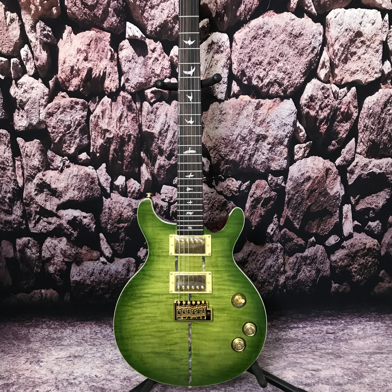 Factory Custom Electric Guitar Green Color Flame Maple Top Colorful Inlays Bird