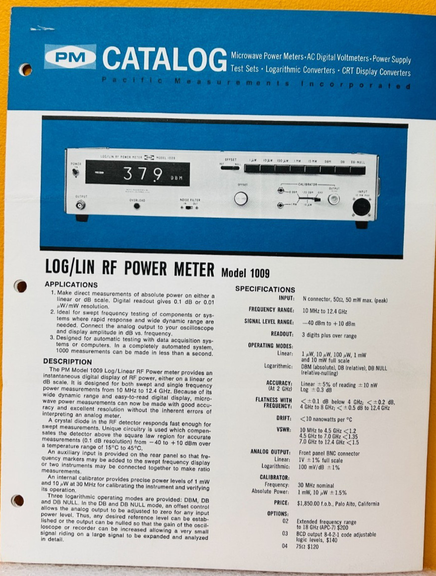 Pacific Measurements PM Model 1009 LOG/LIN RF Power Meter Catalog.