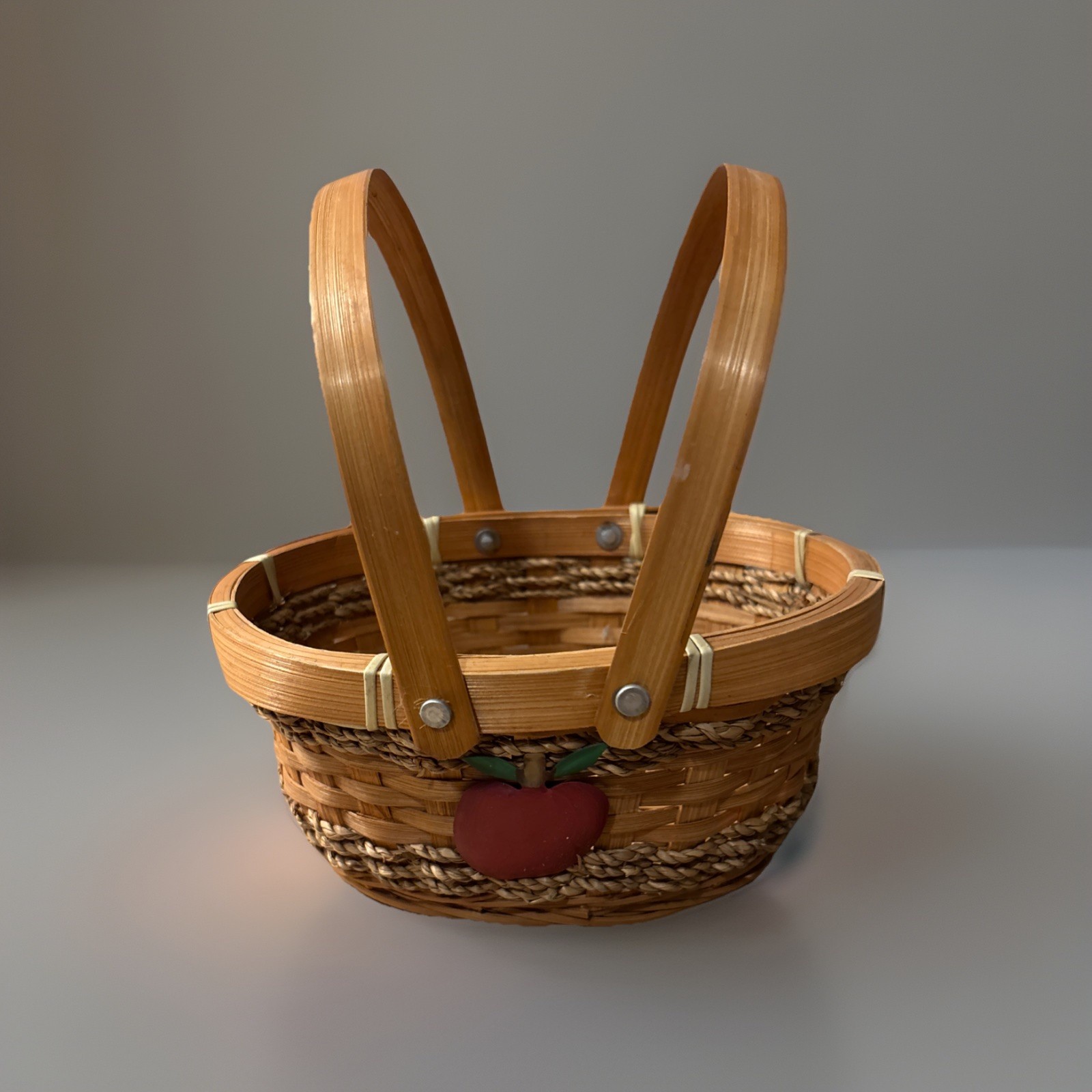 Small Brown Thin Wooden Collectible Basket With Apple on Side