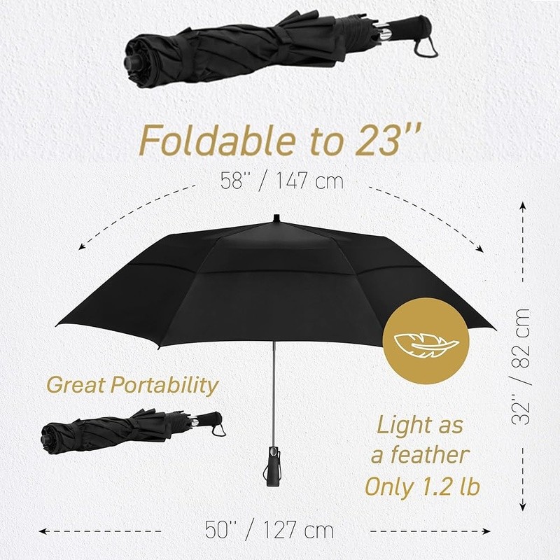 Windproof Double Canopy Travel Umbrella Auto Open Close Compact Lightweight New