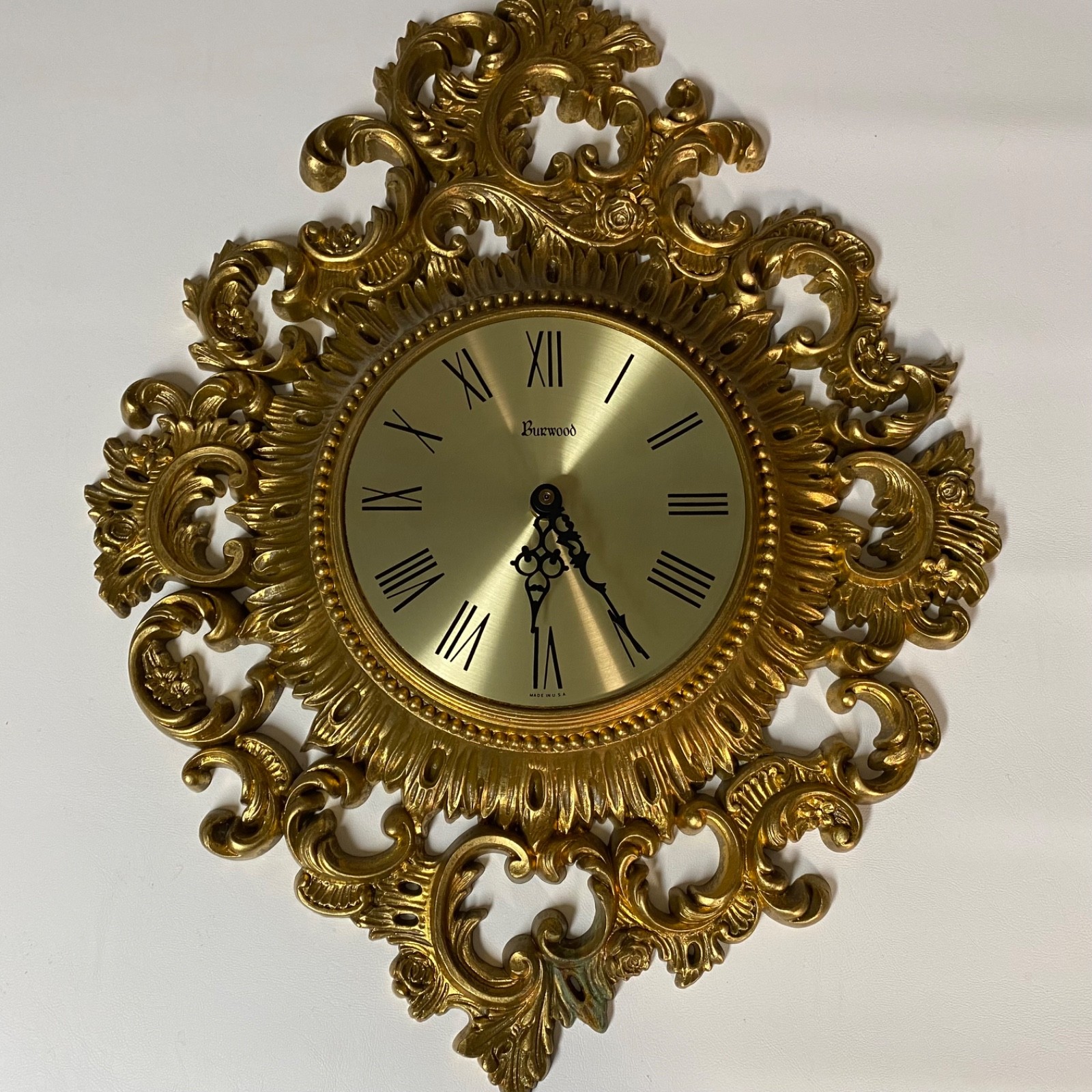 Vintage 1960s Burwood Homco Ornate Gold Hollywood Regency Syrocco Wall Clock