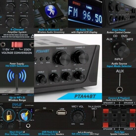 Pyle PTA44BT 4-Ch. Bluetooth Amplifier Stereo Receiver System, with FM Radio