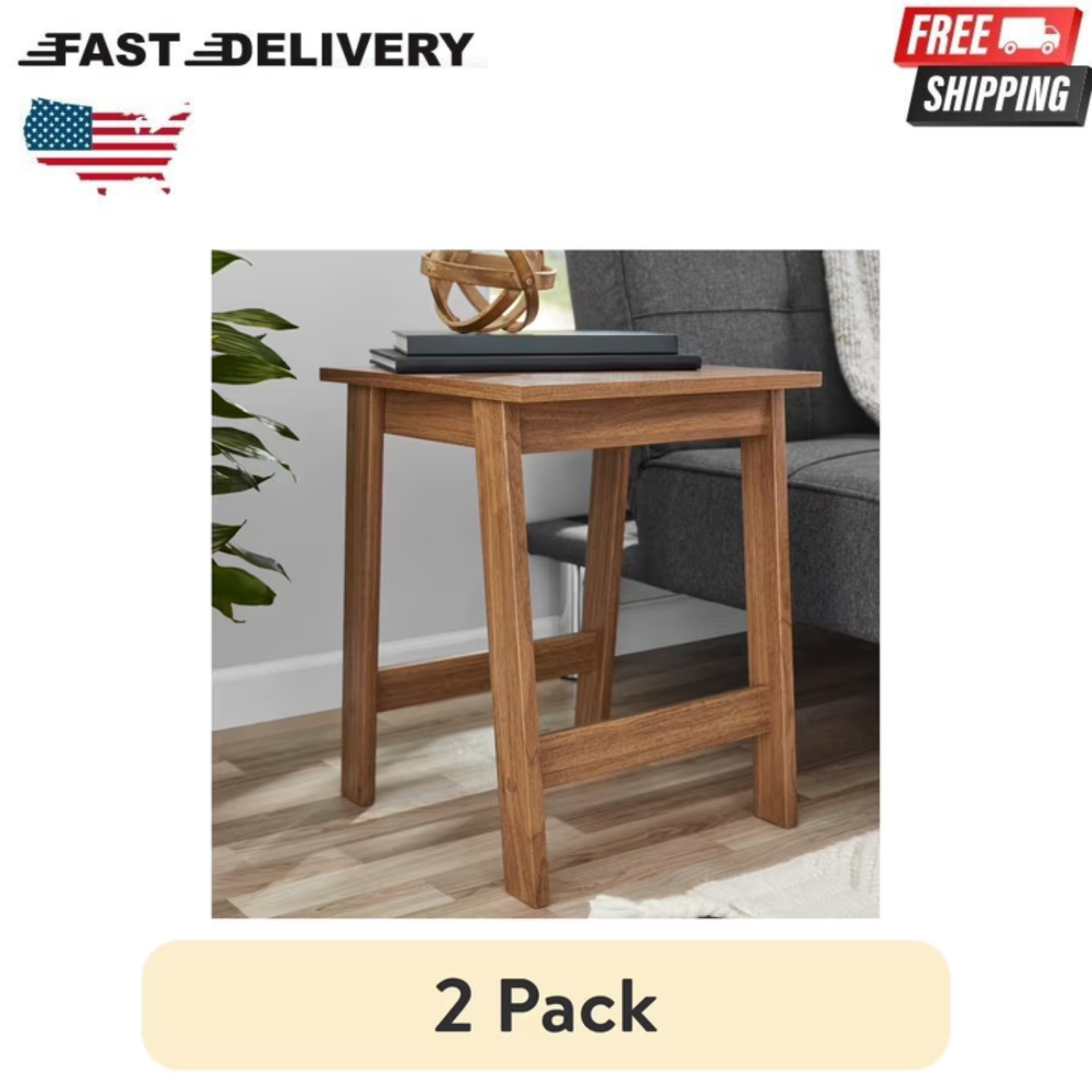 (2 pack) Mainstays Small Square Wood Side Table, Walnut Finish