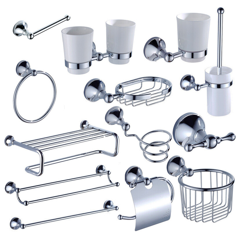 Polished Chrome Wall Mounted Bathroom Accessories Set Hardware Towel Bar ezh111
