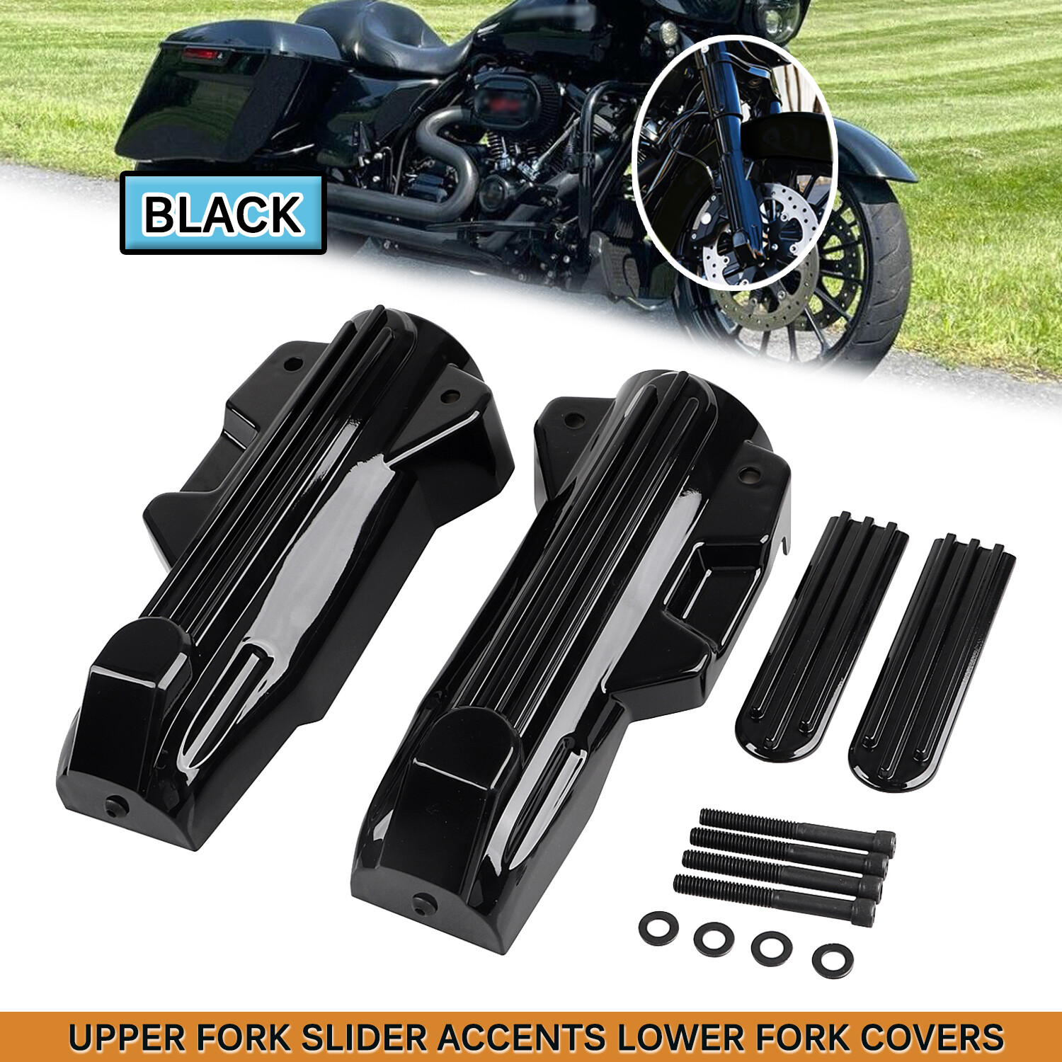 Black Upper Fork Slider Accents Lower Cover For Harley Street Road Glide FLTRX