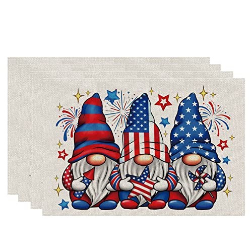 Gnome Stars Patriotic America Memorial Day 4th Placemats Set of 4 （12x18 Inch）
