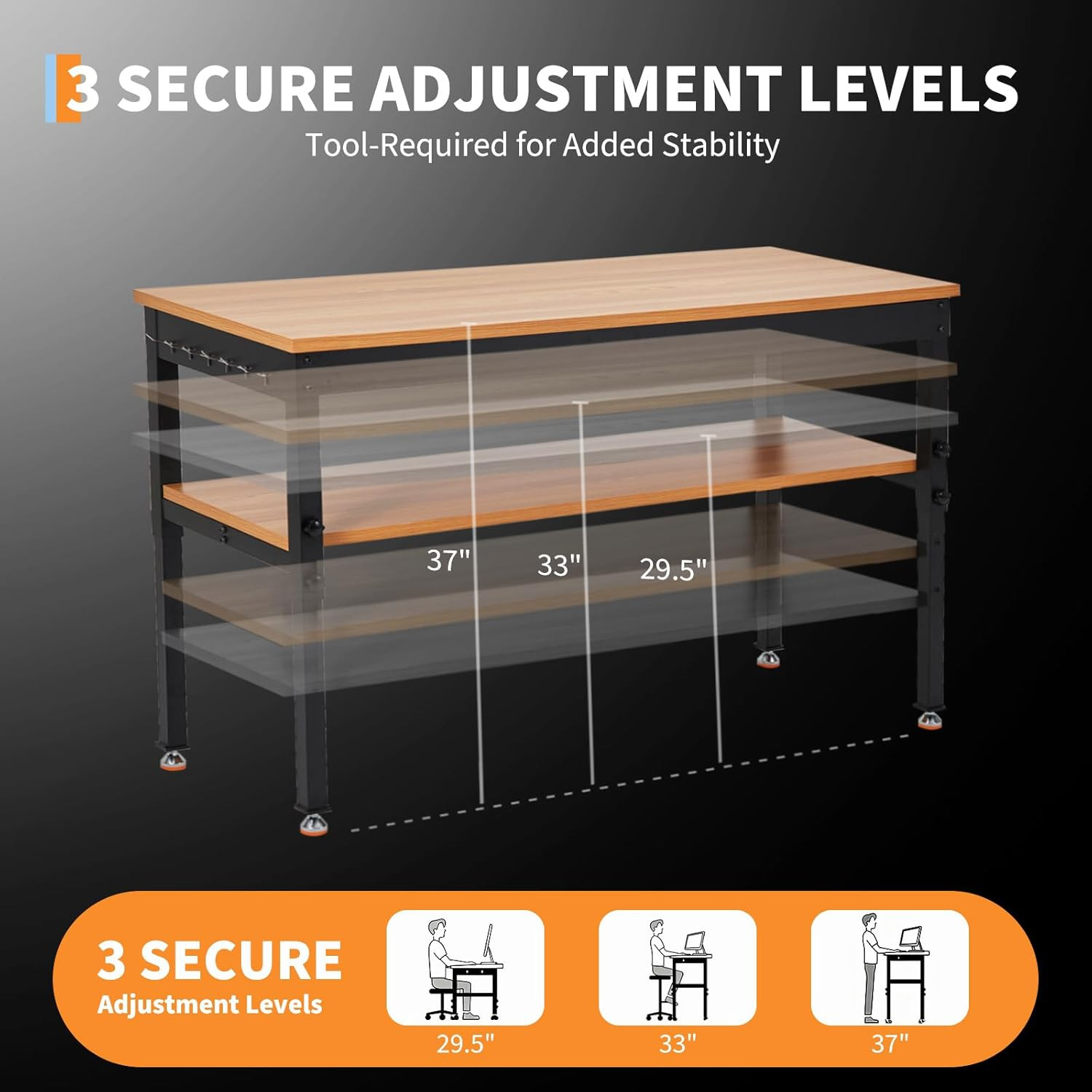 60" Work Bench with Storage Shelf, Adjustable Height Workbench, 60" X 24" Work B