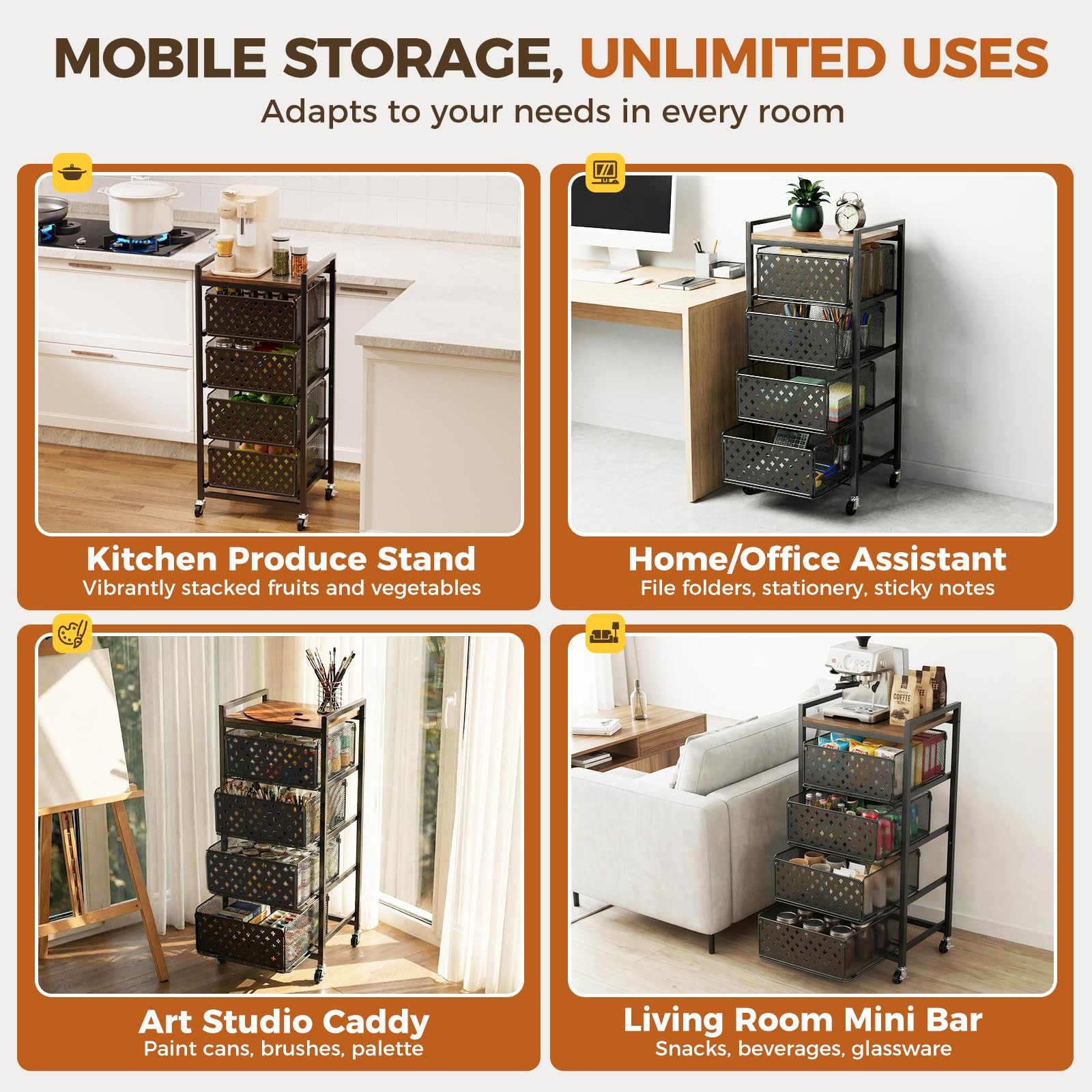 5 Tier Kitchen Storage Cart with Wheels, Utility Fruit Vegetable Storage Rack