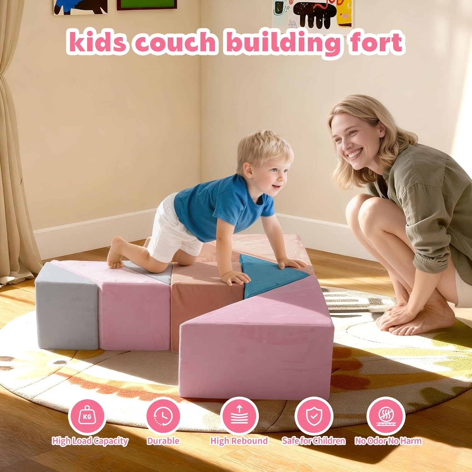 Colorful Modular Kids Play Couch with Tangram Puzzles & Ball Pit (Pink)