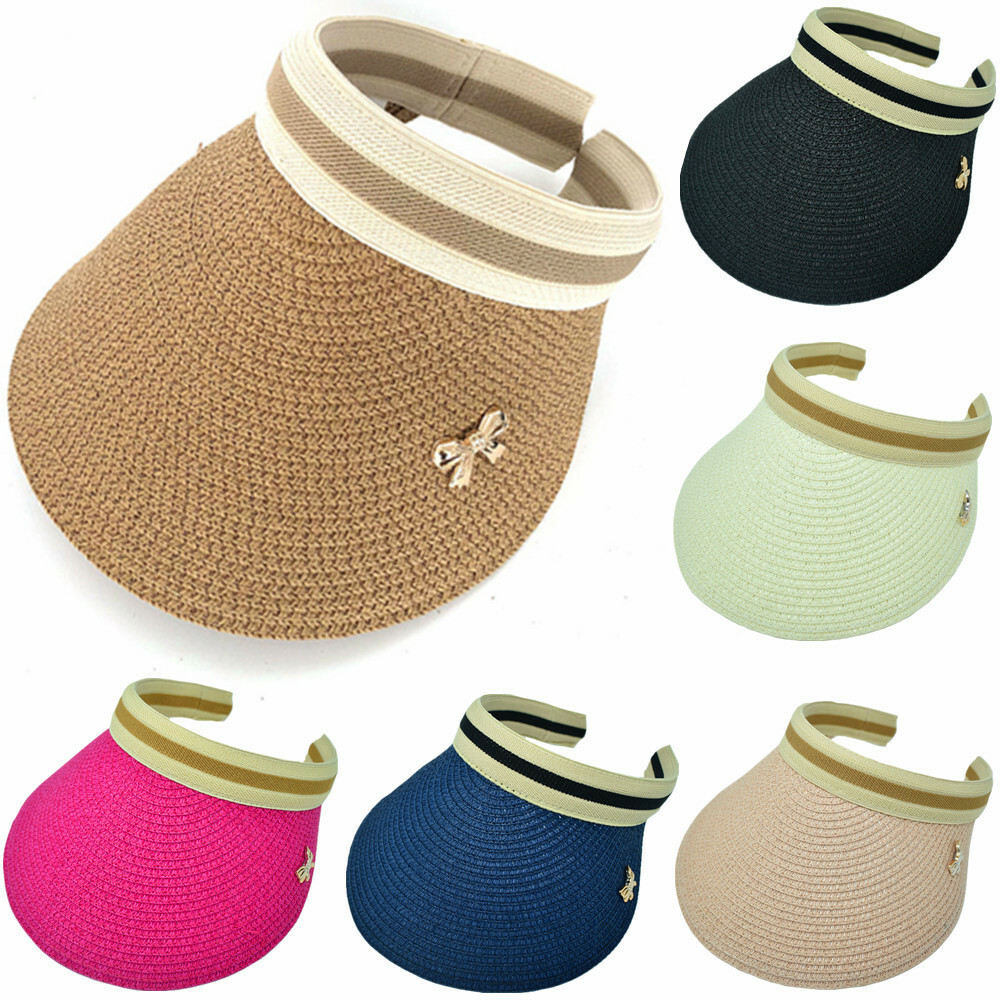 Women Summer Clip On Sun Visor Straw Hat Open Top Wide Brim Cap Beach Outdoor