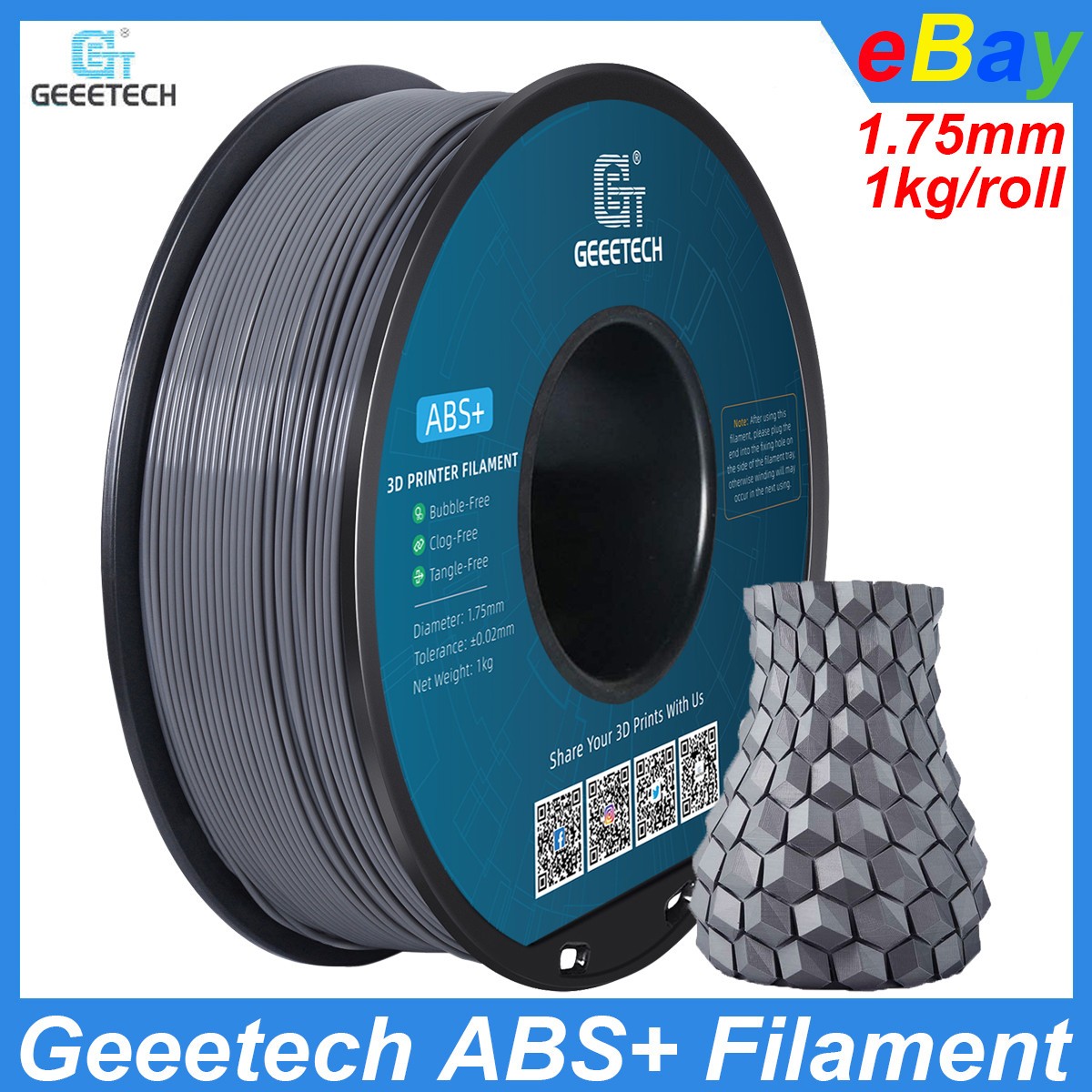 GEEETECH ABS+ Filament 1.75mm 1KG Gray 3D Printer Filament Heat Resistant Smooth