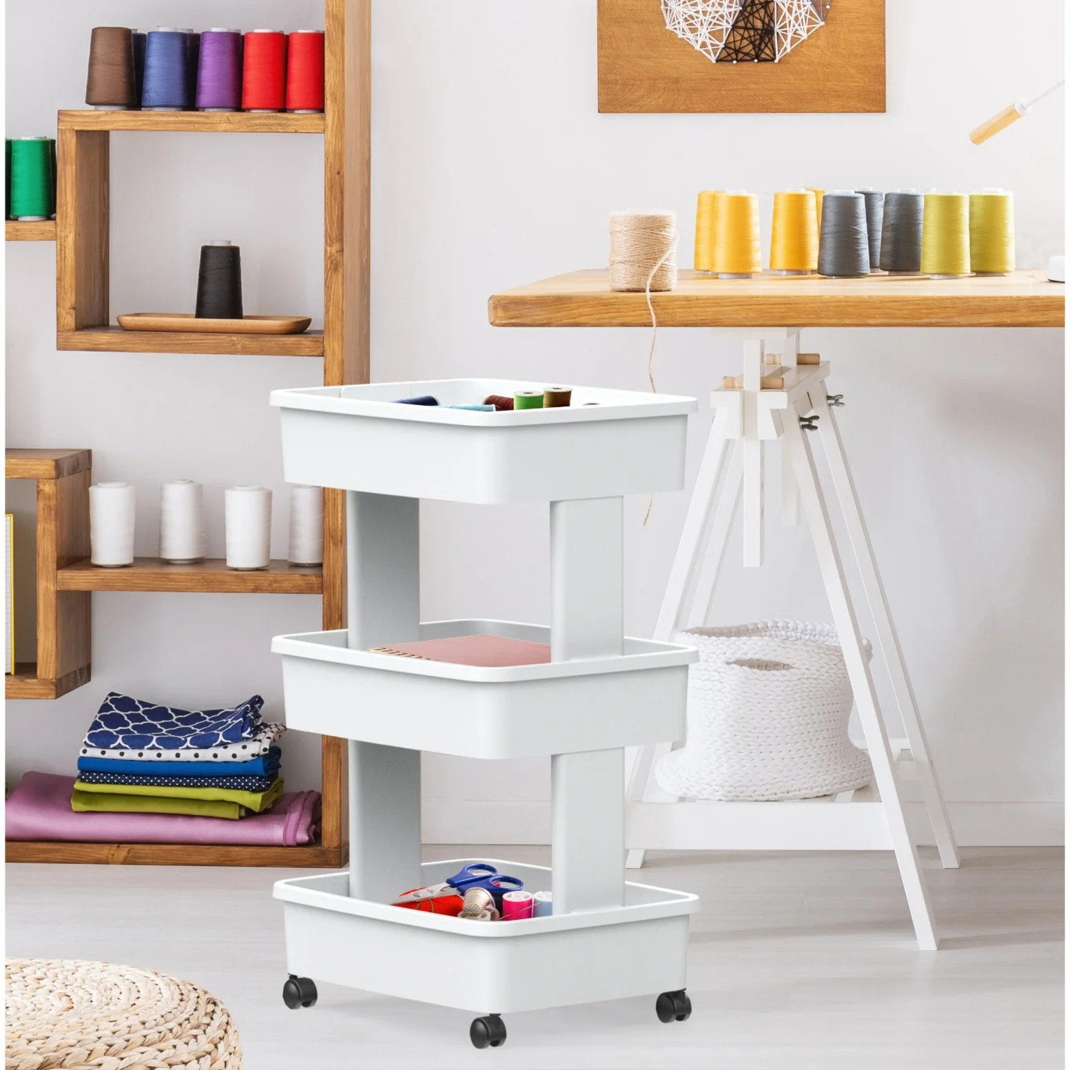 Mainstays 3-Tier Plastic Rolling Laundry Cart, Arctic White