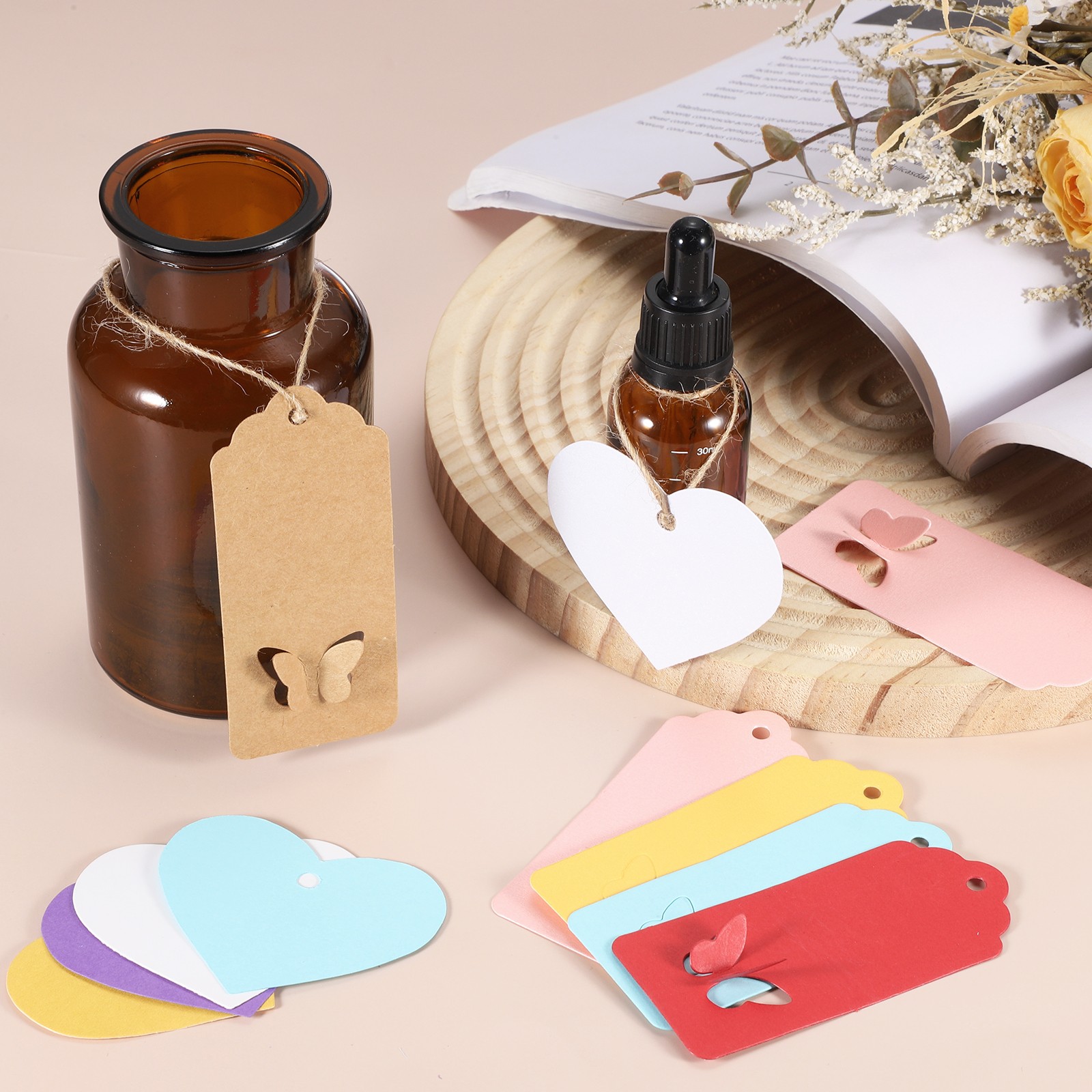 100Pcs Kraft Paper Tags String 3.5 x 1.6 Inch Wave Shape Blue