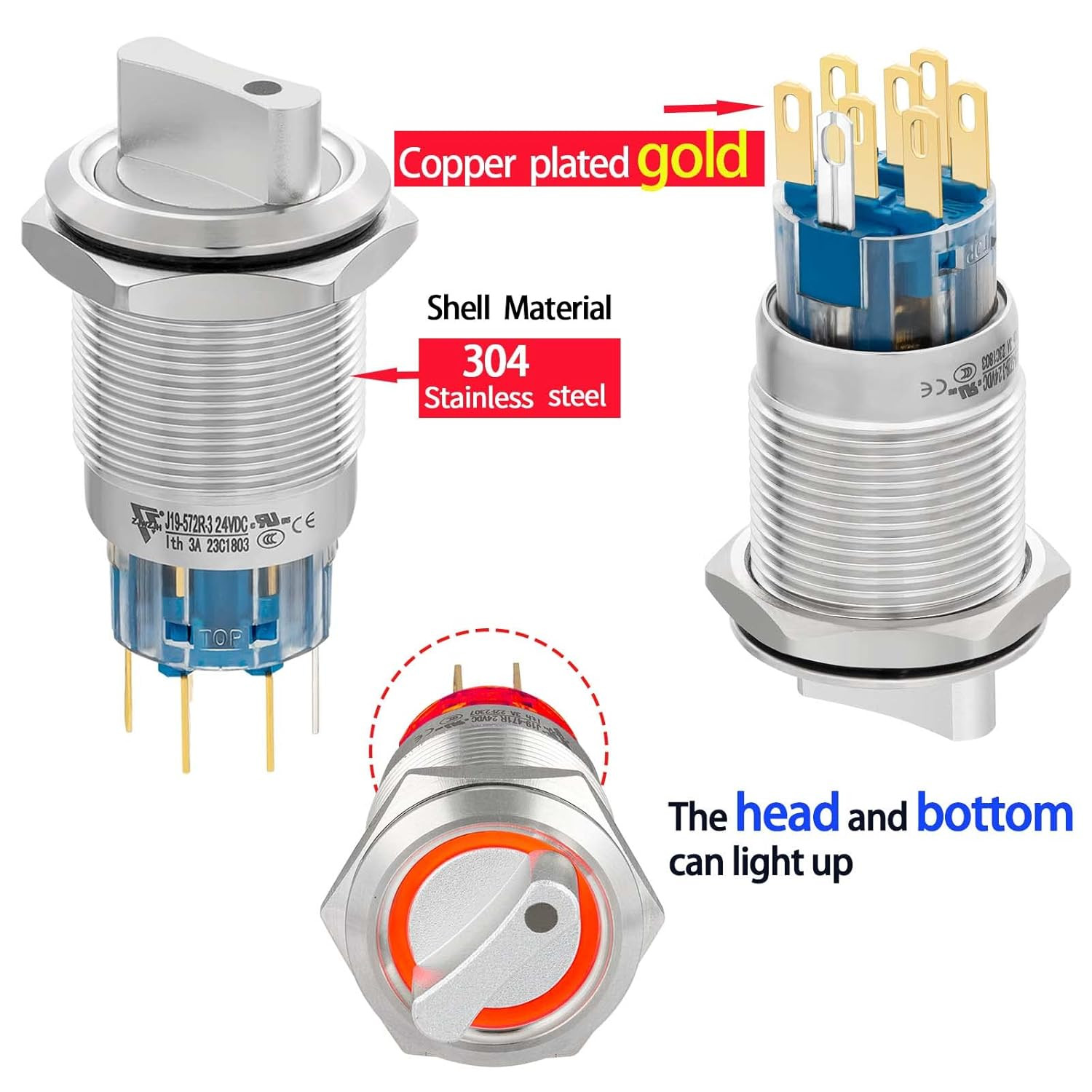 UL Listed 3 Position Rotary Switch 19Mm 12V-24V DC/AC, Latching Selection