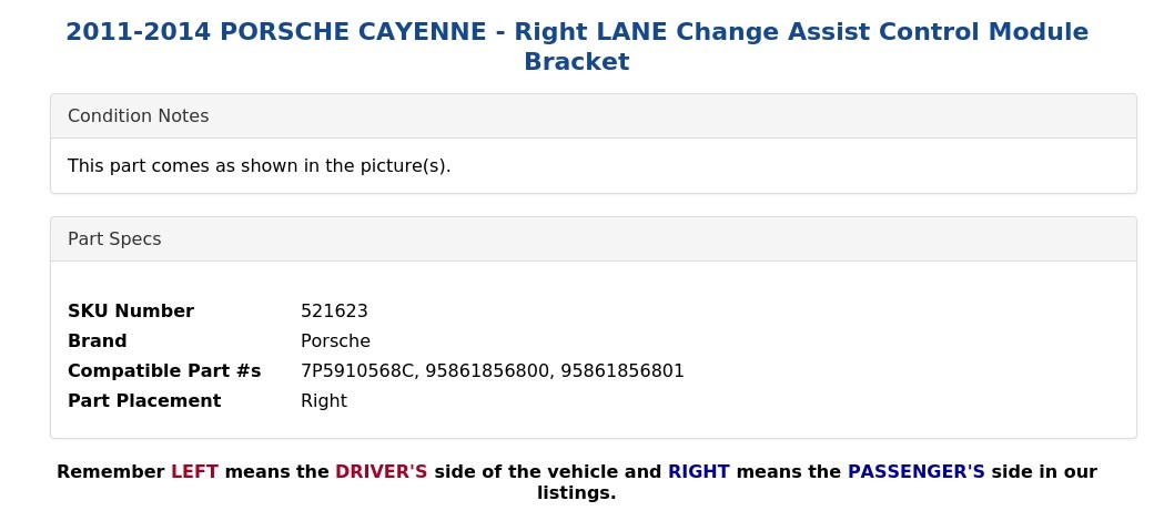 2011-2014 PORSCHE CAYENNE - Right LANE Change Assist Control Module Bracket