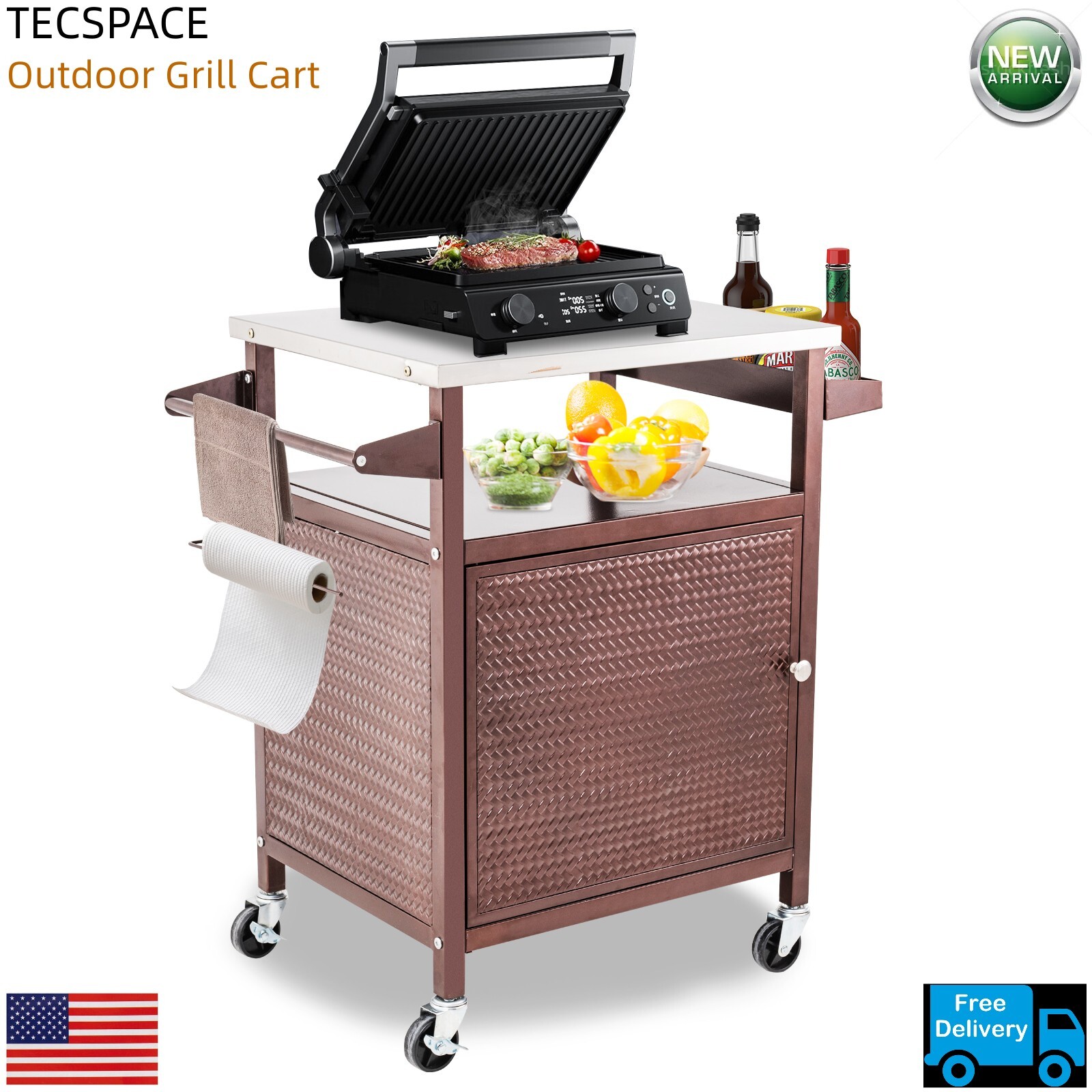 TECSPACE Brown Outdoor Grill Cart with Storge Cabinet for BBQ Backyard Camping