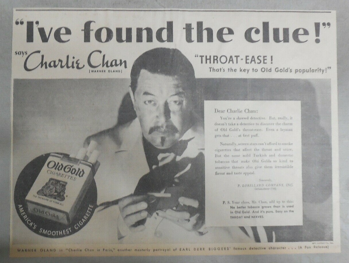 Old Gold Cigarette Ad: Warner Oland Charlie Chan from 1935 Size: 11 x 15 inches