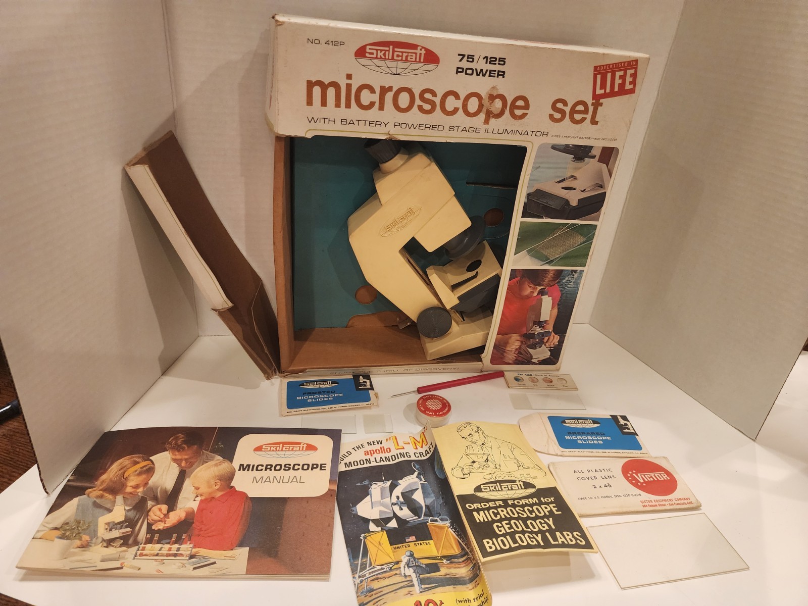 Vintage 1960s Skilcraft Microscope Lab Set W/ Manual Accessories 412P