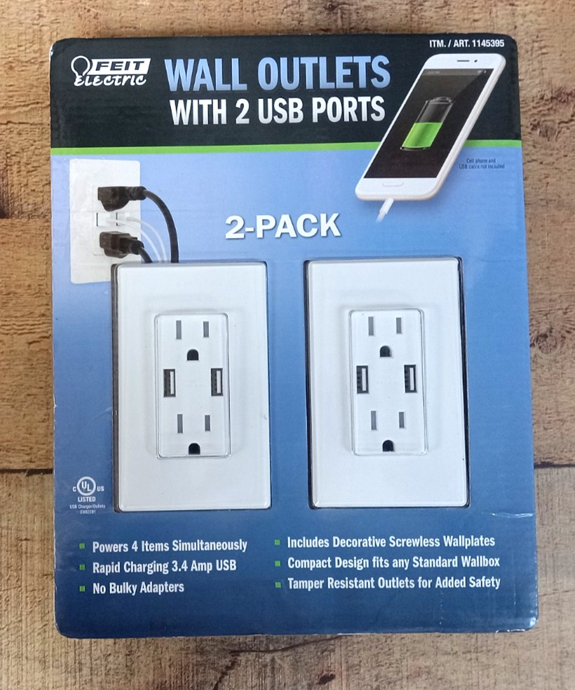 2 PACK - Feit Electric Wall Outlets With 2 USB Ports - Rapid Charging