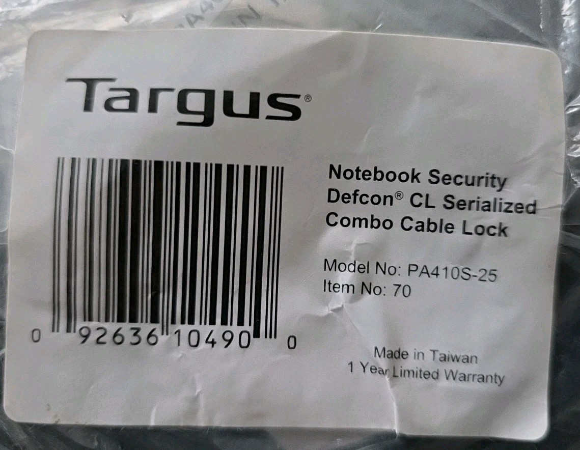 Notebook Security Defcon CL Serialized Combo Cable Lock, Model# PA510S-25, New