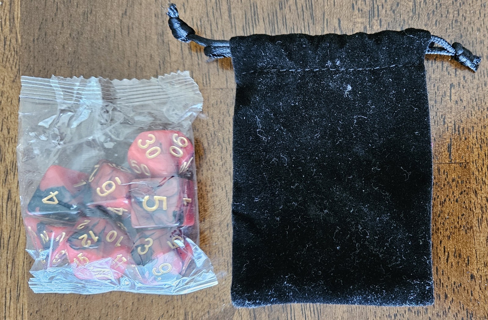 DND Polyhedral Red Swirl Dice Set with Black Dice Bag for RPG MTG Role Playing