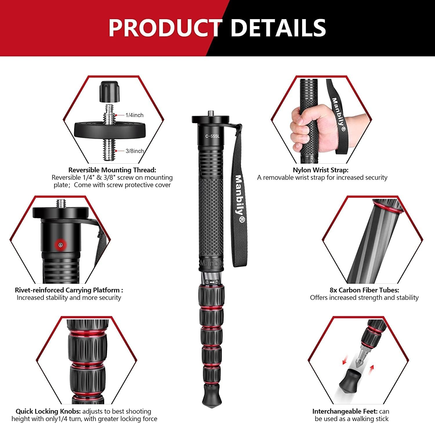 Manbily Portable Monopod Lightweight Portable Monopod 6-Section Camera Stand US