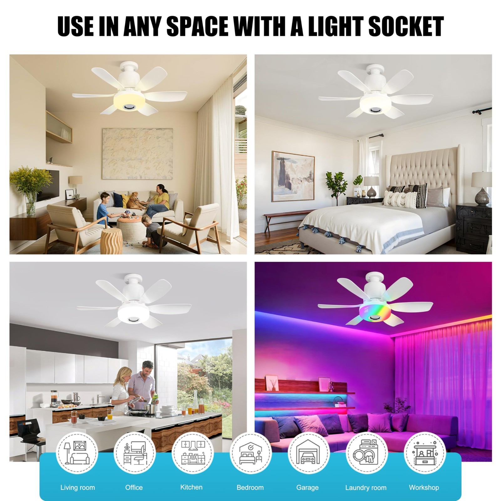 Remote Control Ceiling Fan Light with Bluetooth Speaker, RGB Colors, 3 Speeds, E