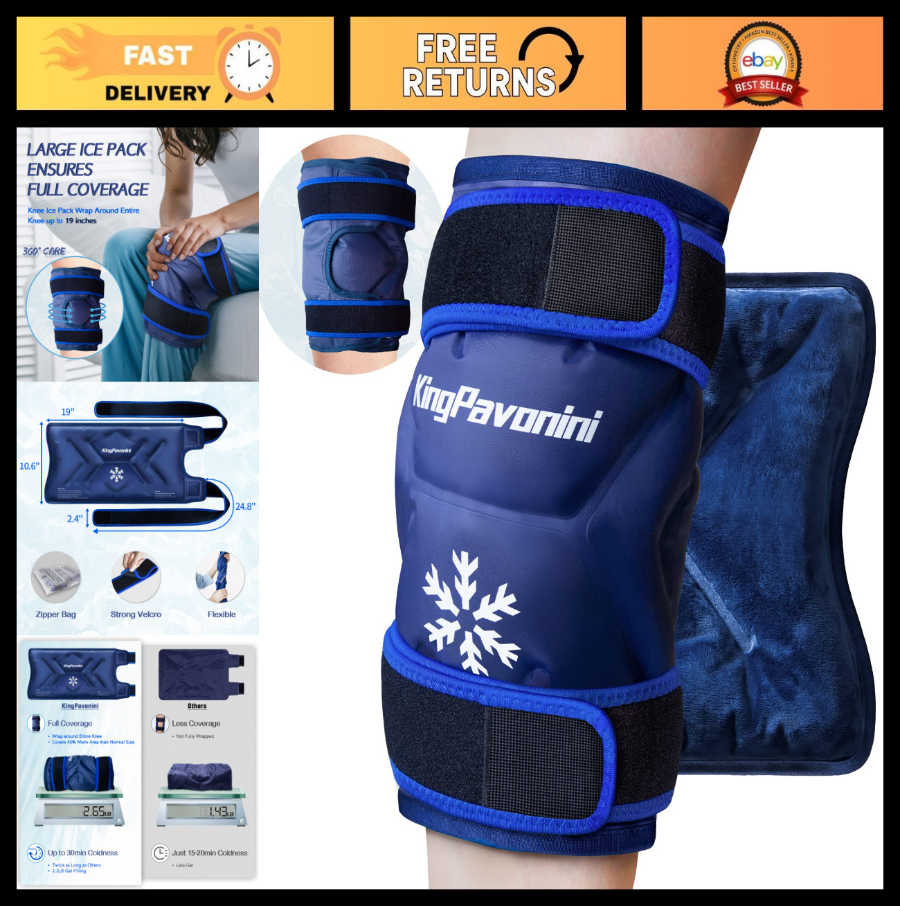 2 Pack XXL Knee Ice Wraps - Reusable Gel Packs for Pain Relief, Swelling & Recov