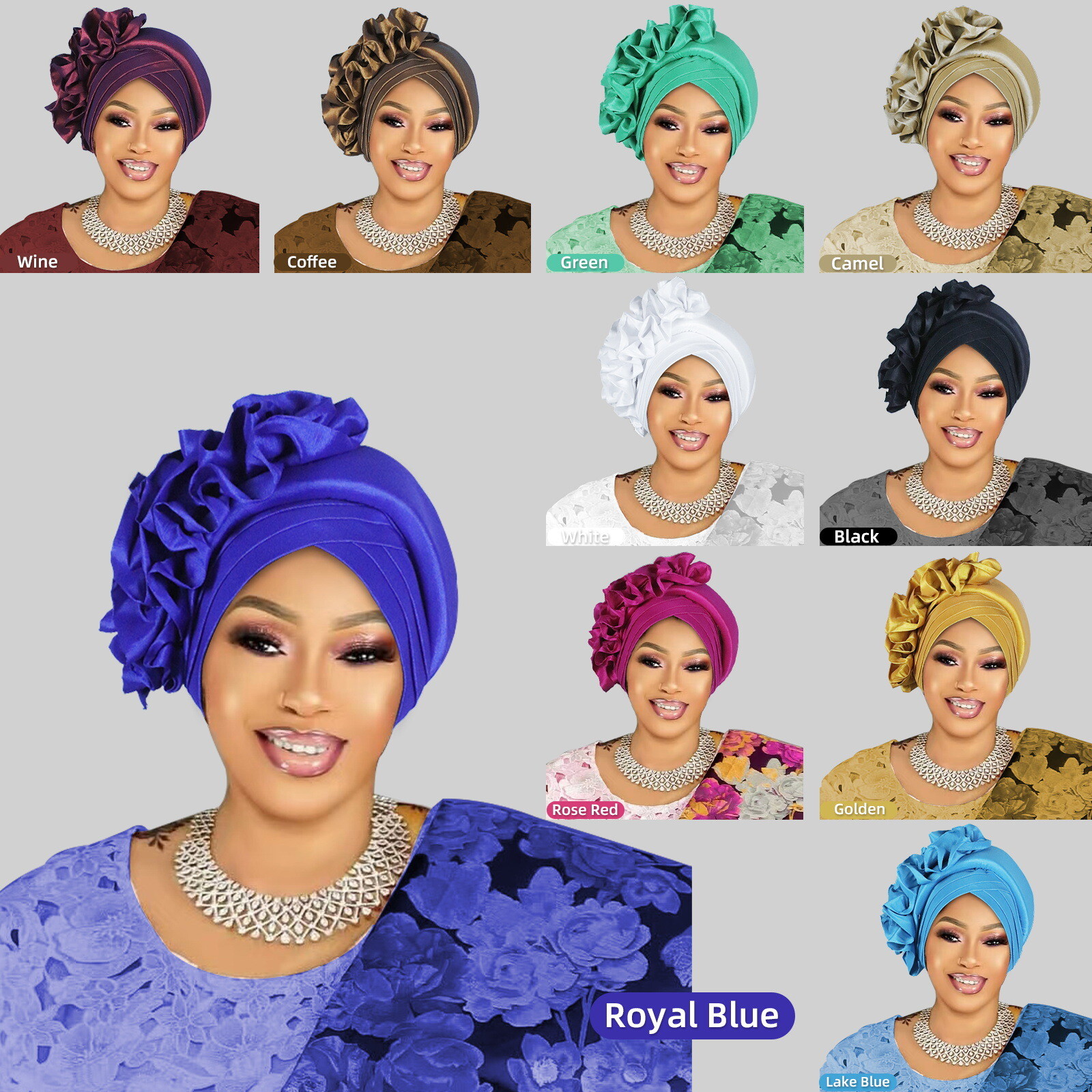 Nigerian Women Ruffles Flower Turban Cap African Headtie Auto Gele Beanies Hat