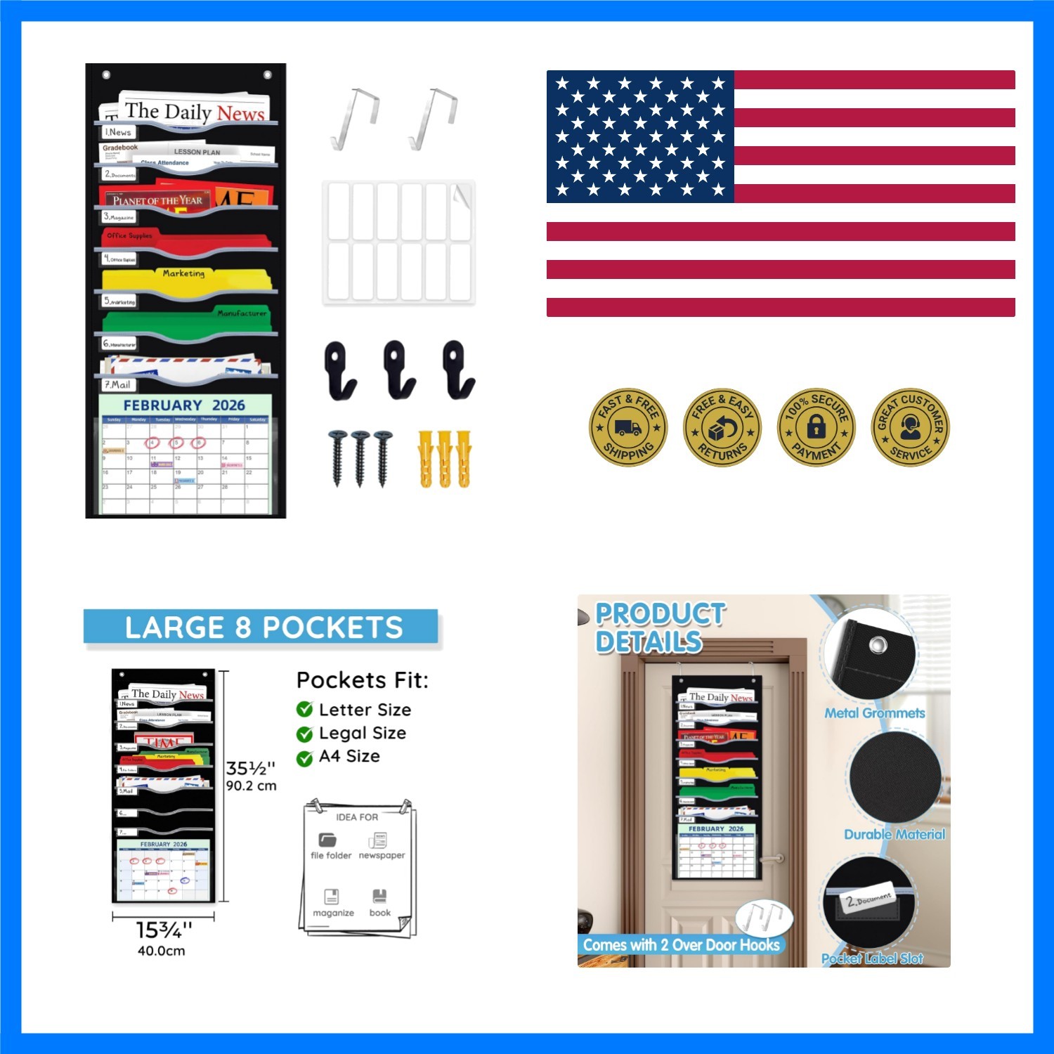 Hanging File Organizer 8 Pockets 15¾”W Legal/ Letter Size Paper Organizer, Po...