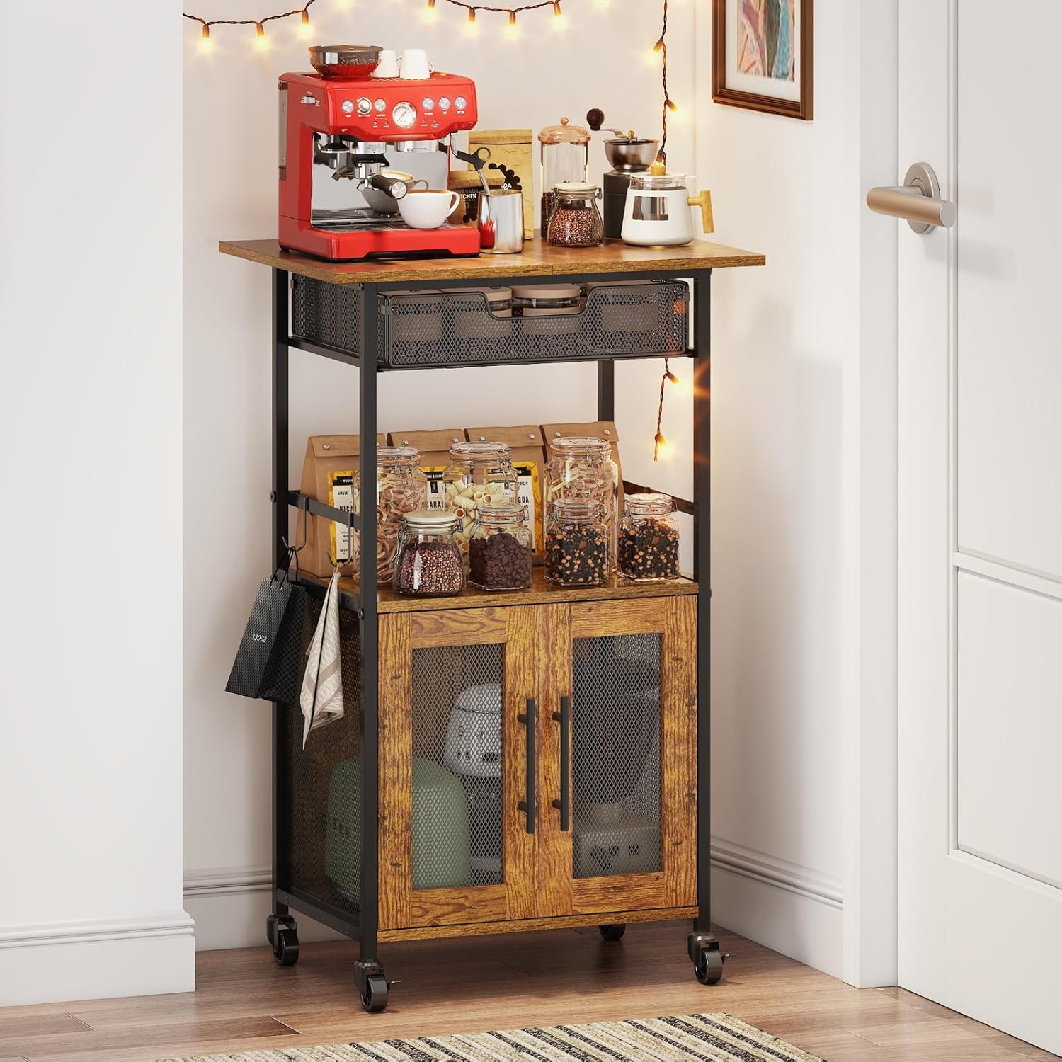 3 Tier Rolling Coffee Cart with 2-Door & Pull-Out Wire Basket Drawer, Movable Co