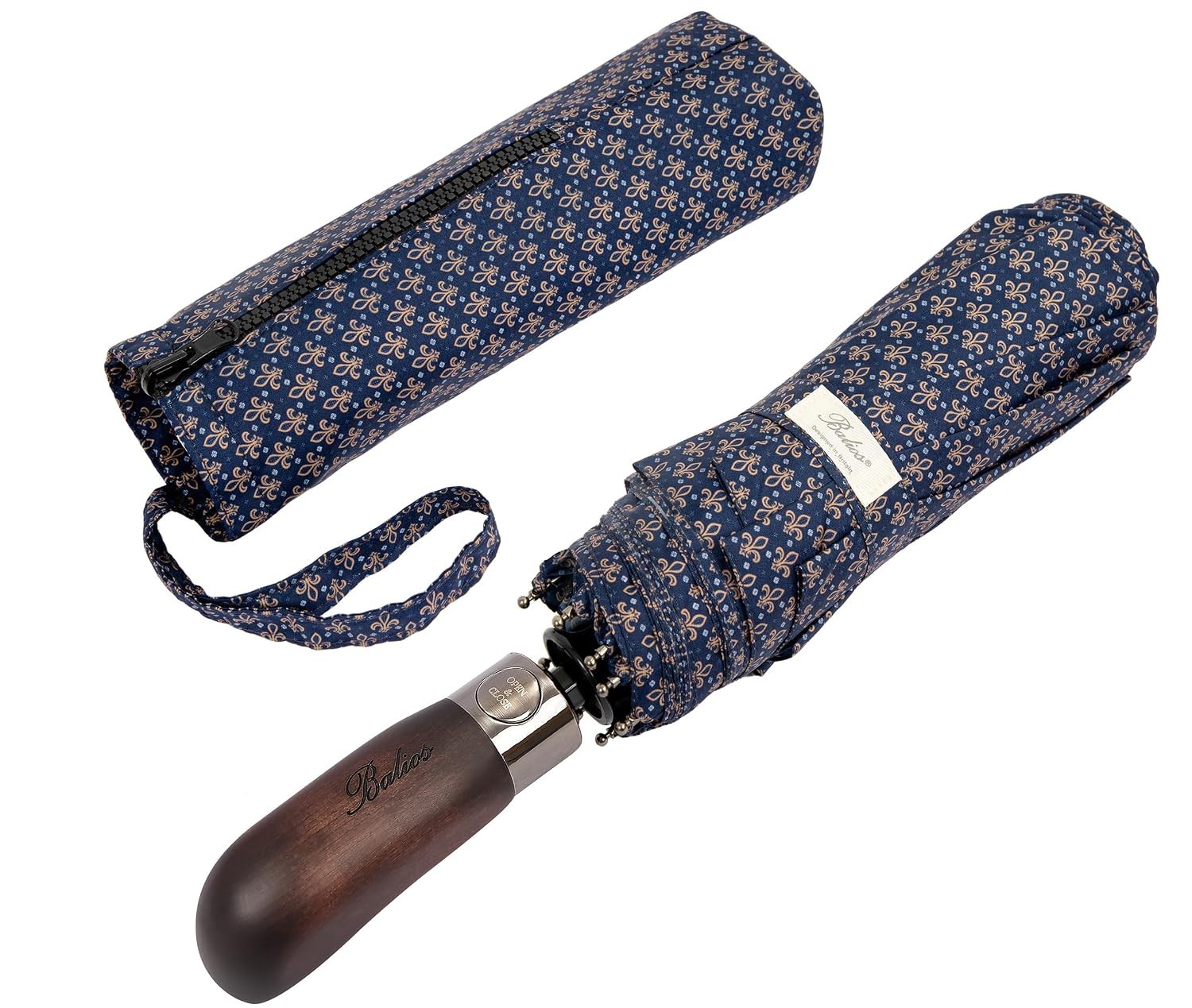 Folding Auto Open Close Real Wood Handmade Umbrella Genuine Pimlico Navy