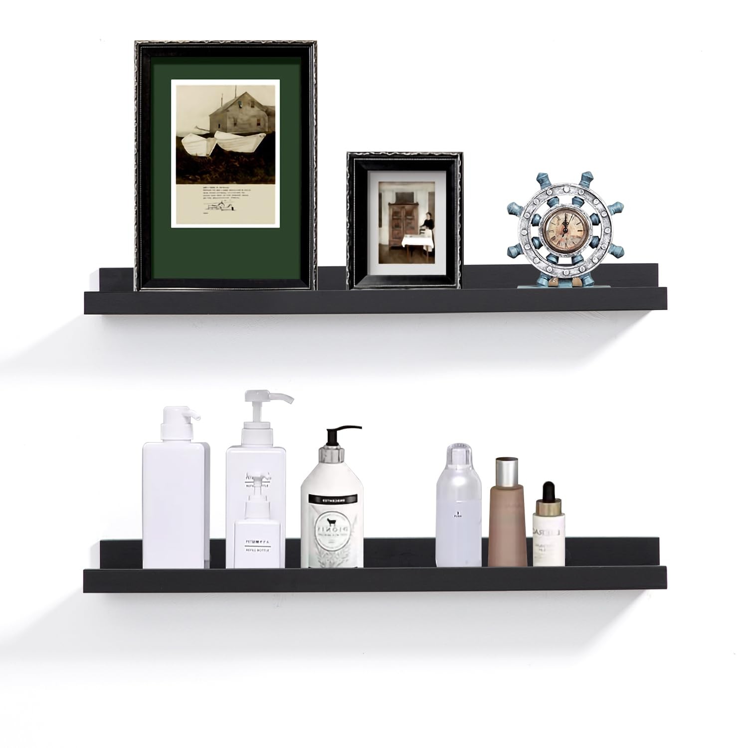 Black Floating Wall Shelves 24" with Lip - Modern Picture Ledge Set of 2
