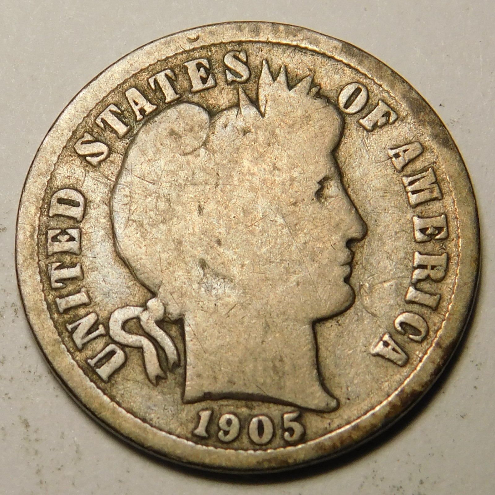 1905 Micro 0 Barber Dime 90% Silver G-VG  "Actual Coin Pictured - Not Cleaned"
