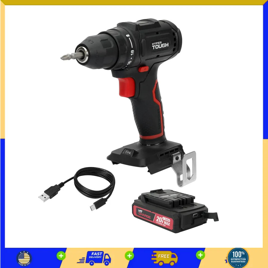 Hyper Tough 20V Brushless Cordless Drill with 1.5Ah Battery and USB-C Cable