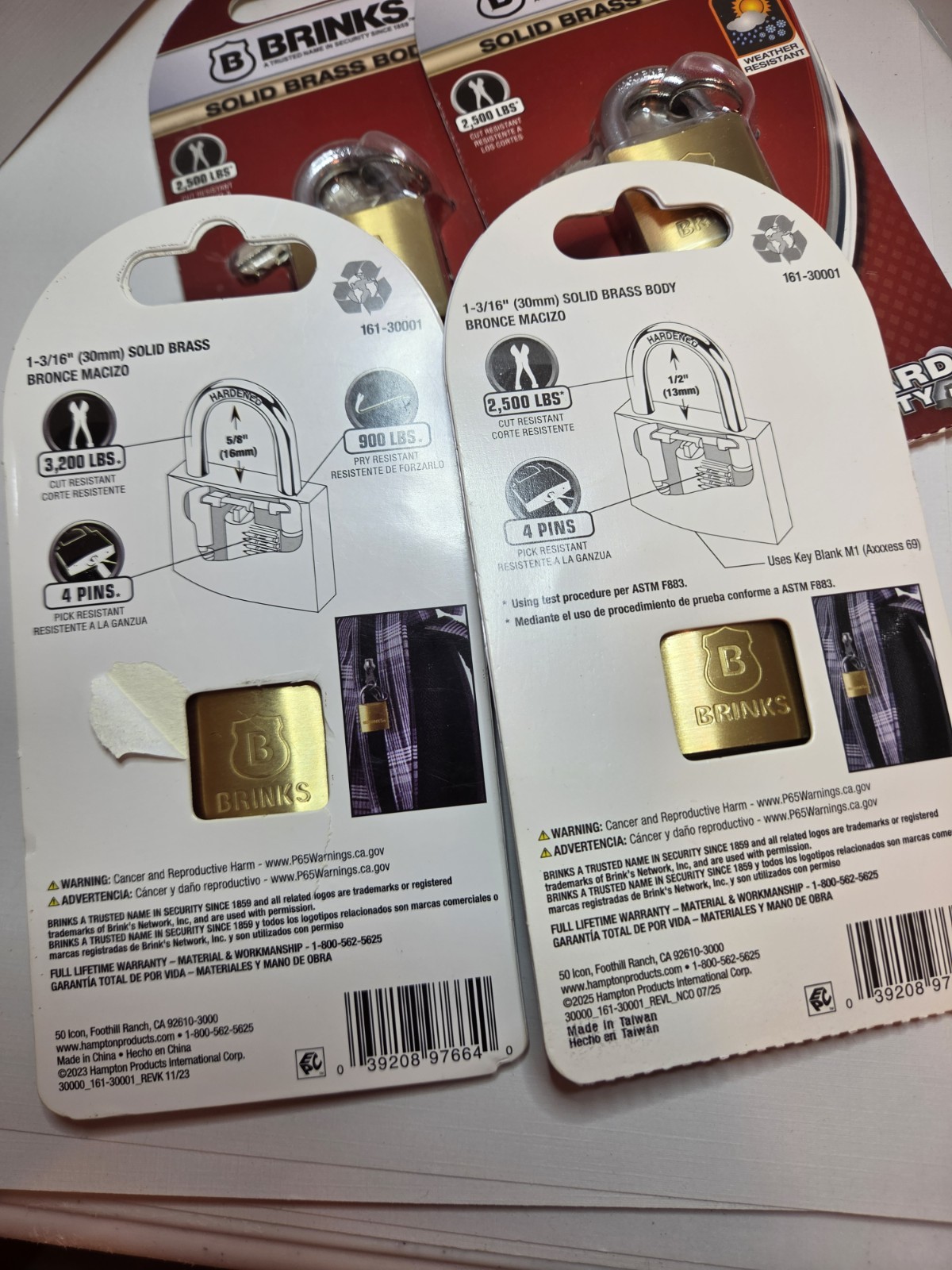 Lot 4 Brinks Solid Brass Body Padlocks & Keys NEW