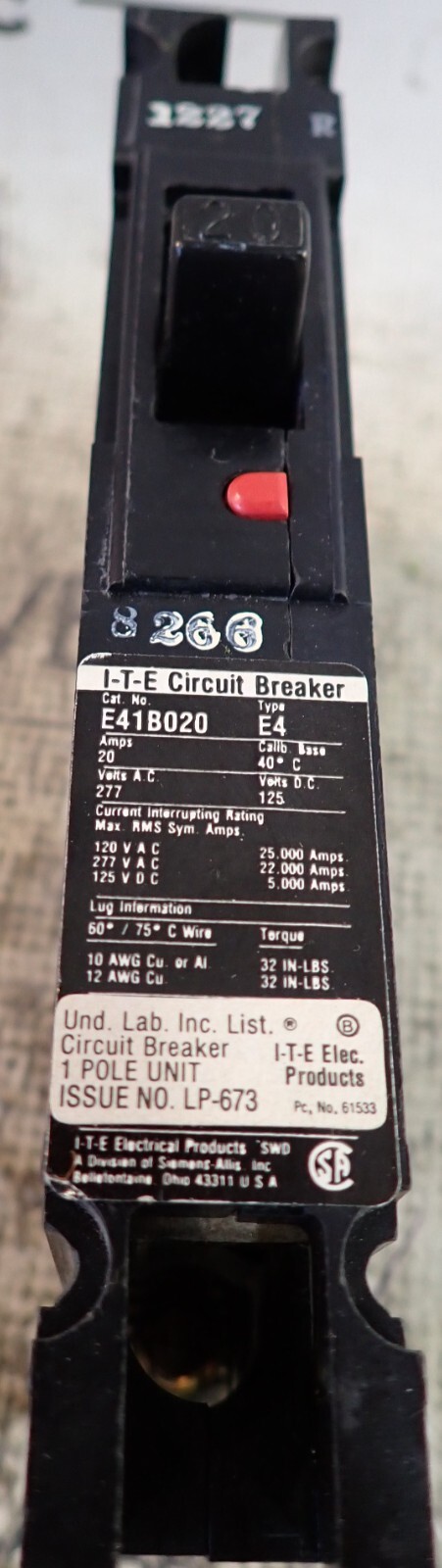 I-T-E Circuit Breaker E41B020 Type E4 20A 22kA @ 277VAC 1 Pole Unit - TESTED