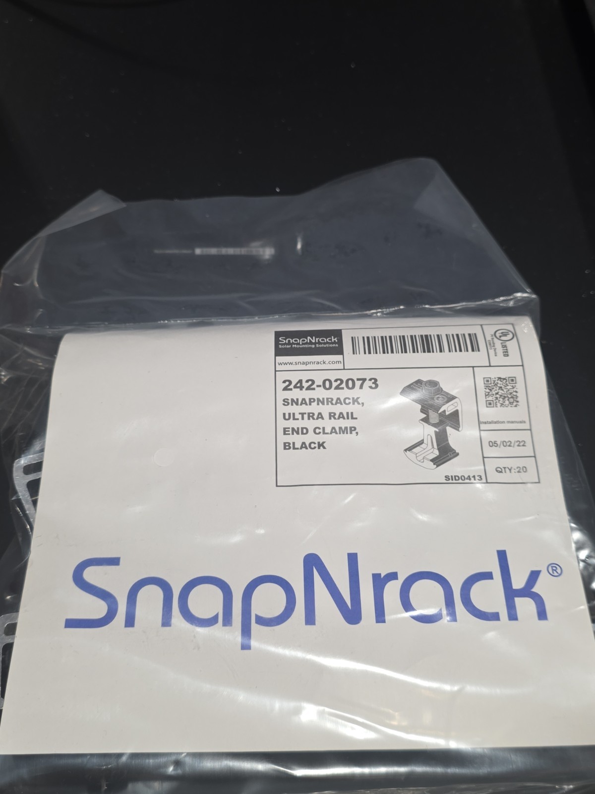 242-02073 Snapnrack , Ultra Rail End Clamp , Black  QTY:20