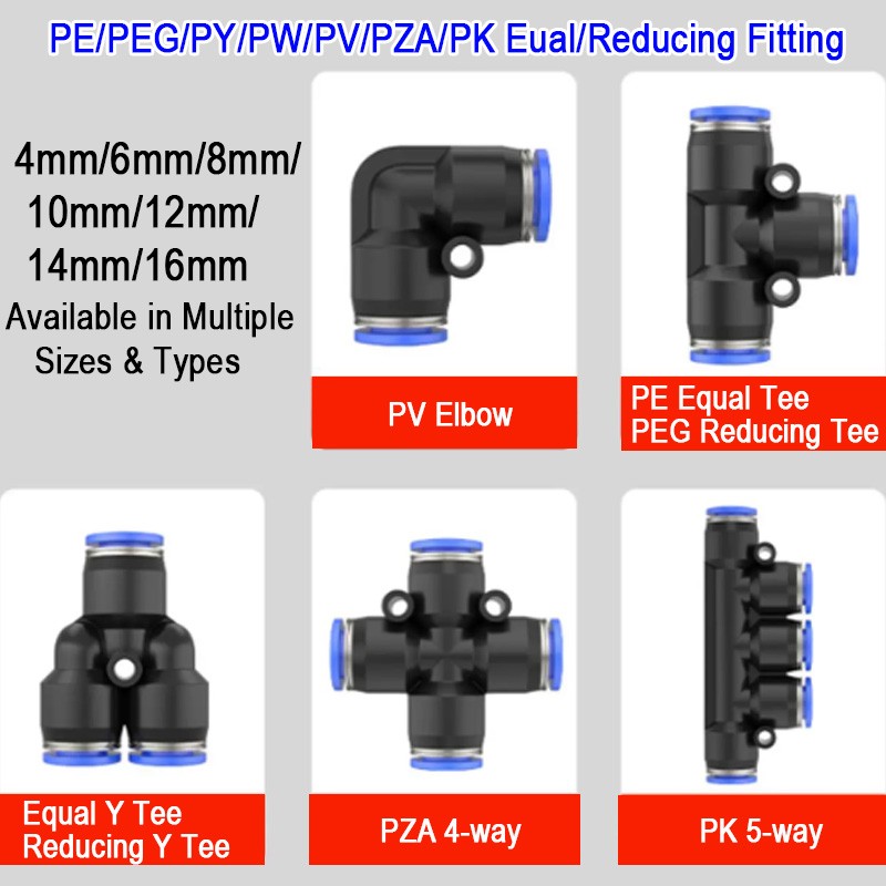 Pneumatic Push In Fitting Air Water Pipe - All Type Fittings 4-6-8-10-12-14-16mm