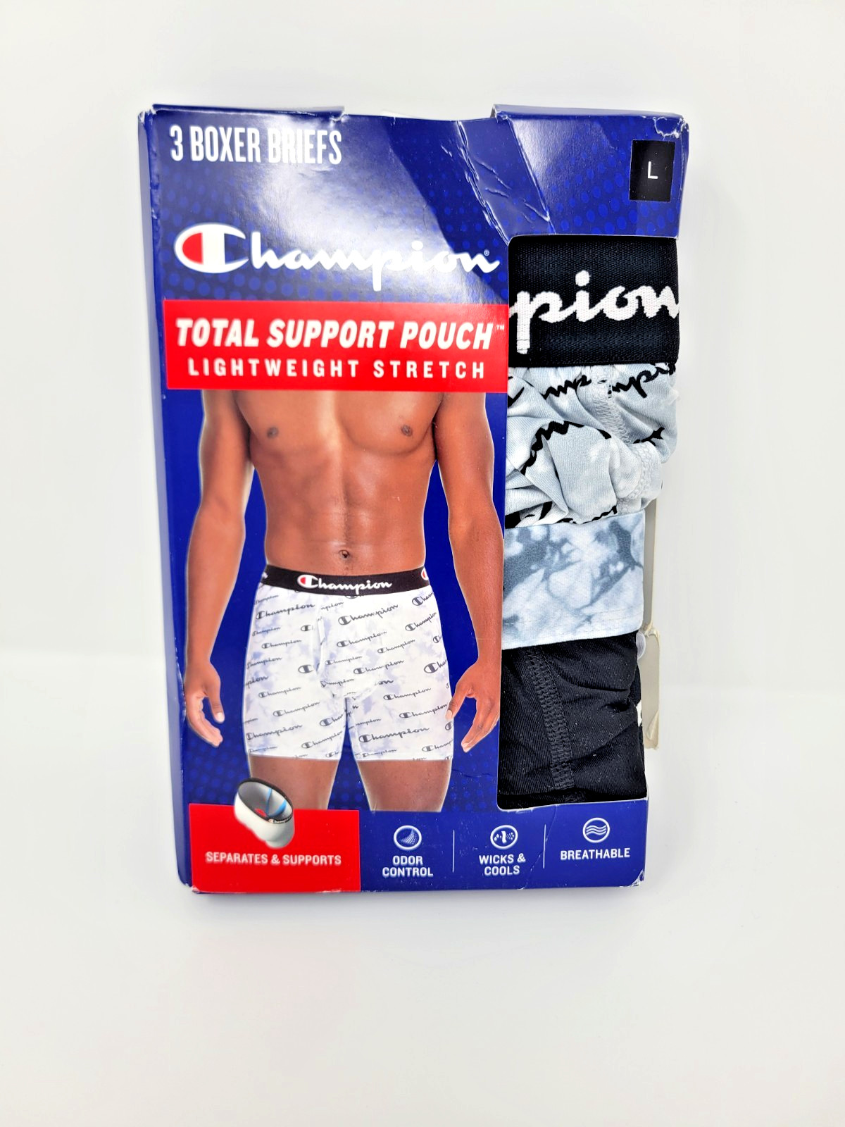Champion Men's Lightweight Stretch Boxer Briefs, 3 Pack, Size L | Broken Box