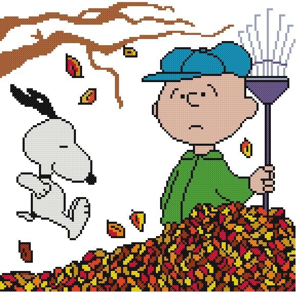 CROSS STITCH+ CRAFT PATTERN Charlie Brown Snoopy Dog Fall Leaves Tree Rake Jump