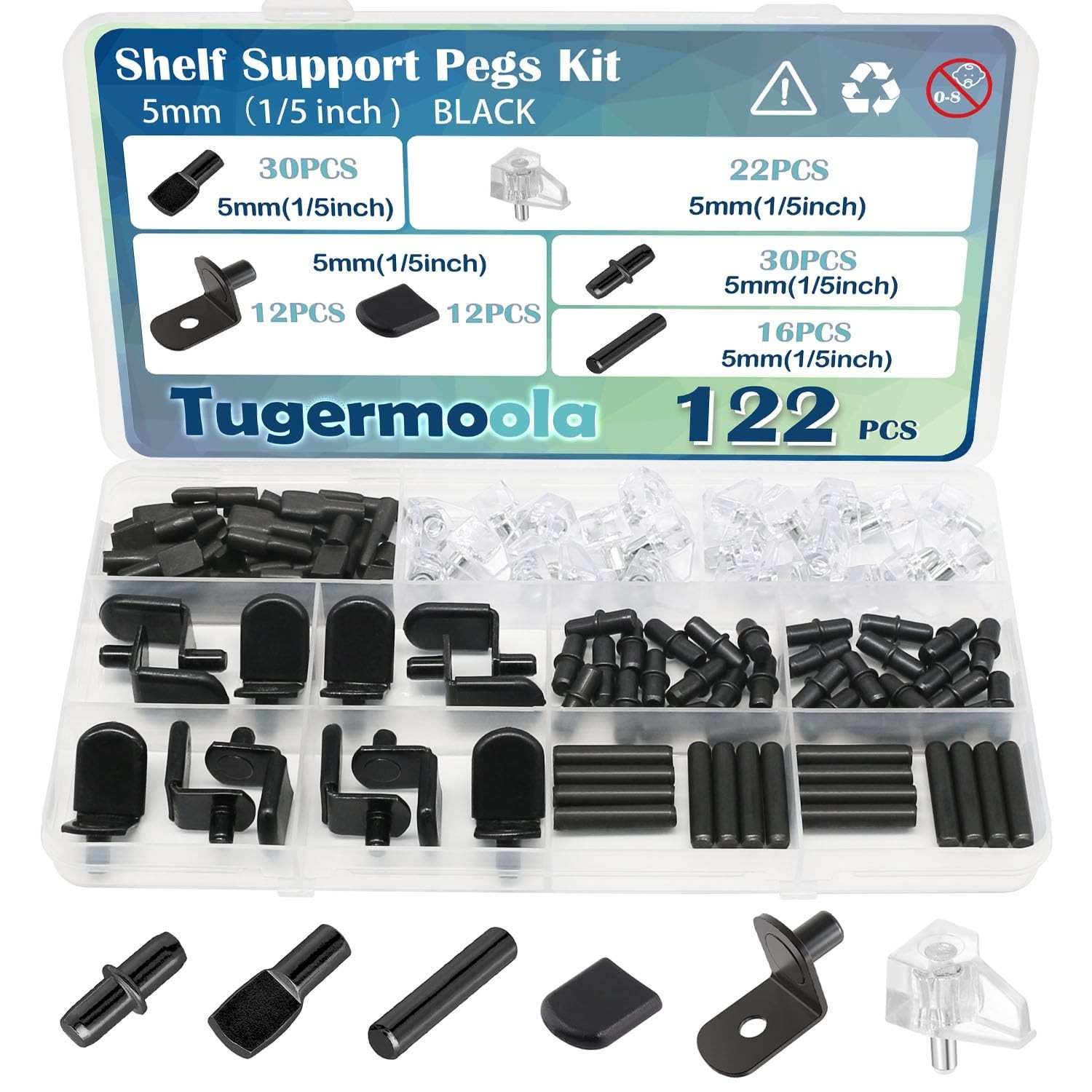 122PCS Shelf Pegs Pins for Shelves Black 5mm Shelf Support Pegs Kit Cabinet S...