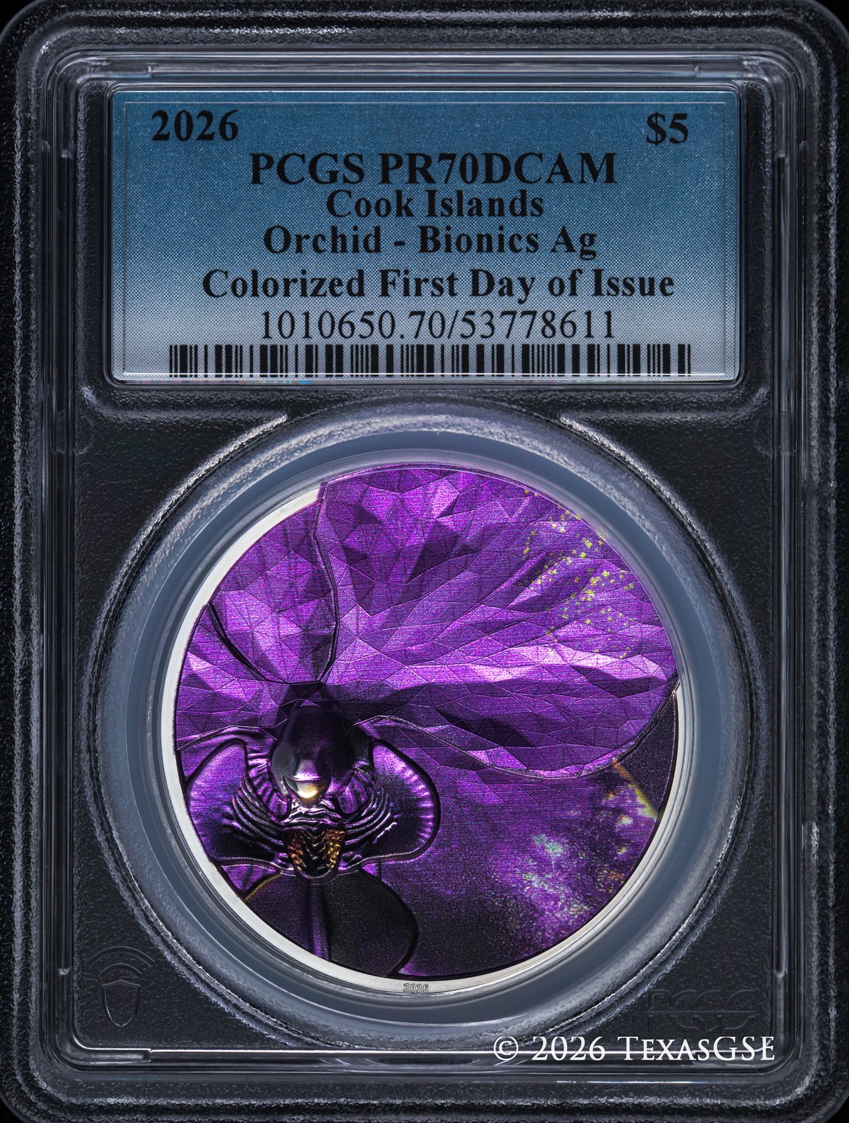 2026 Cook Islands $5 Bionics - Orchid Silver 1oz PCGS PR70 First Day of Issue