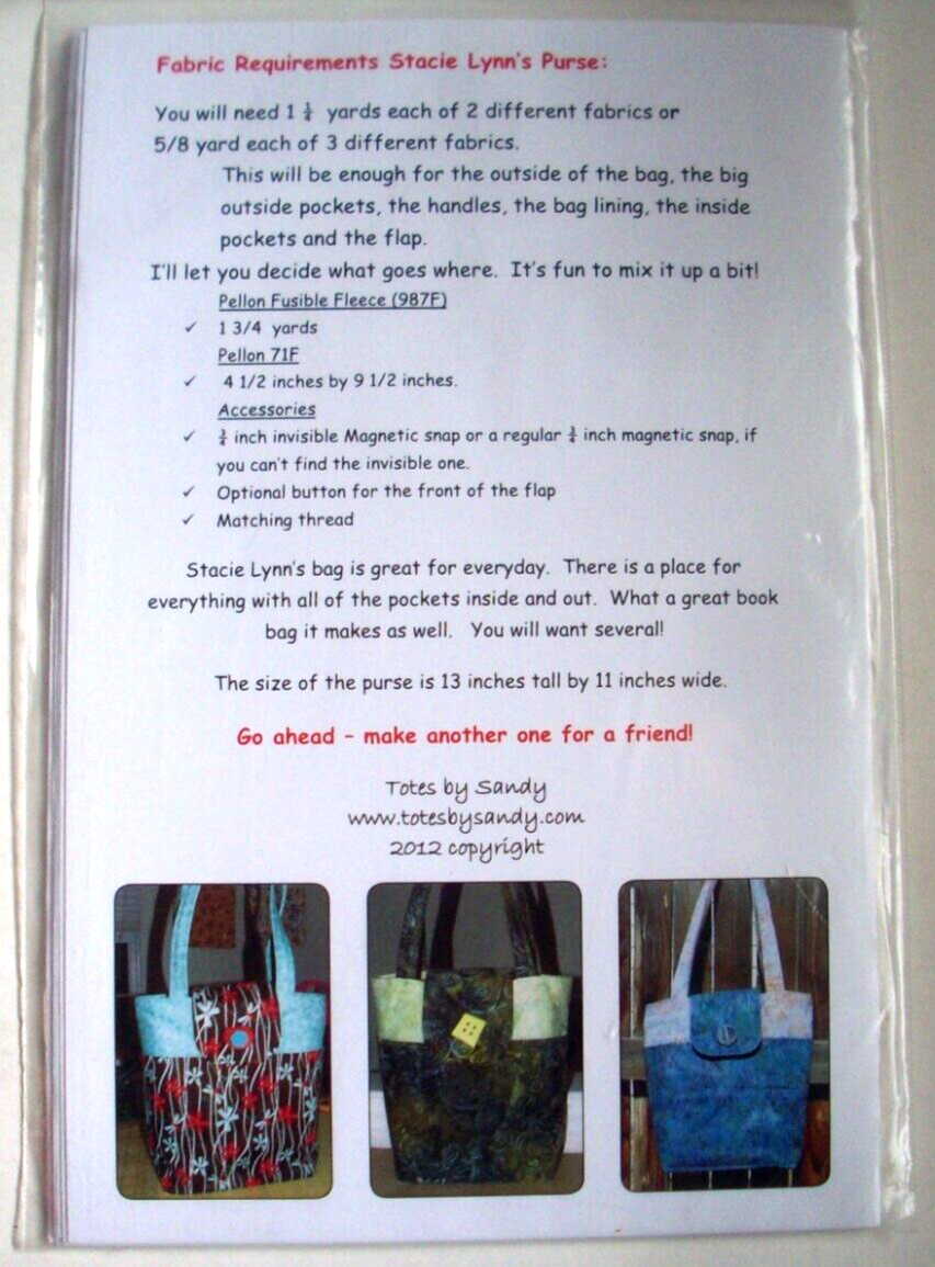 Totes handbags purse bag craft pattern UNCUT