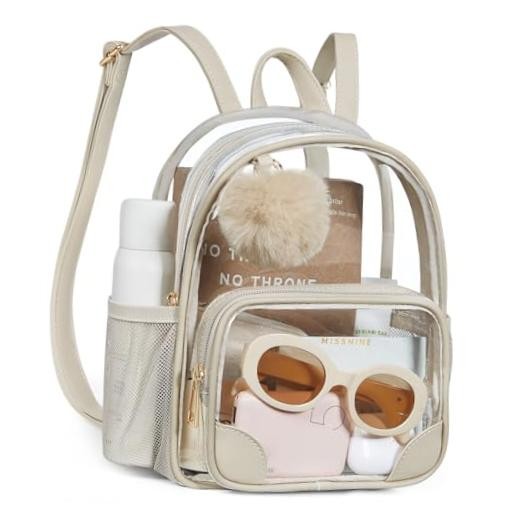 Small Clear Backpack for Stadium Events Anti-theft Mini Clear Bag Pom-khaki