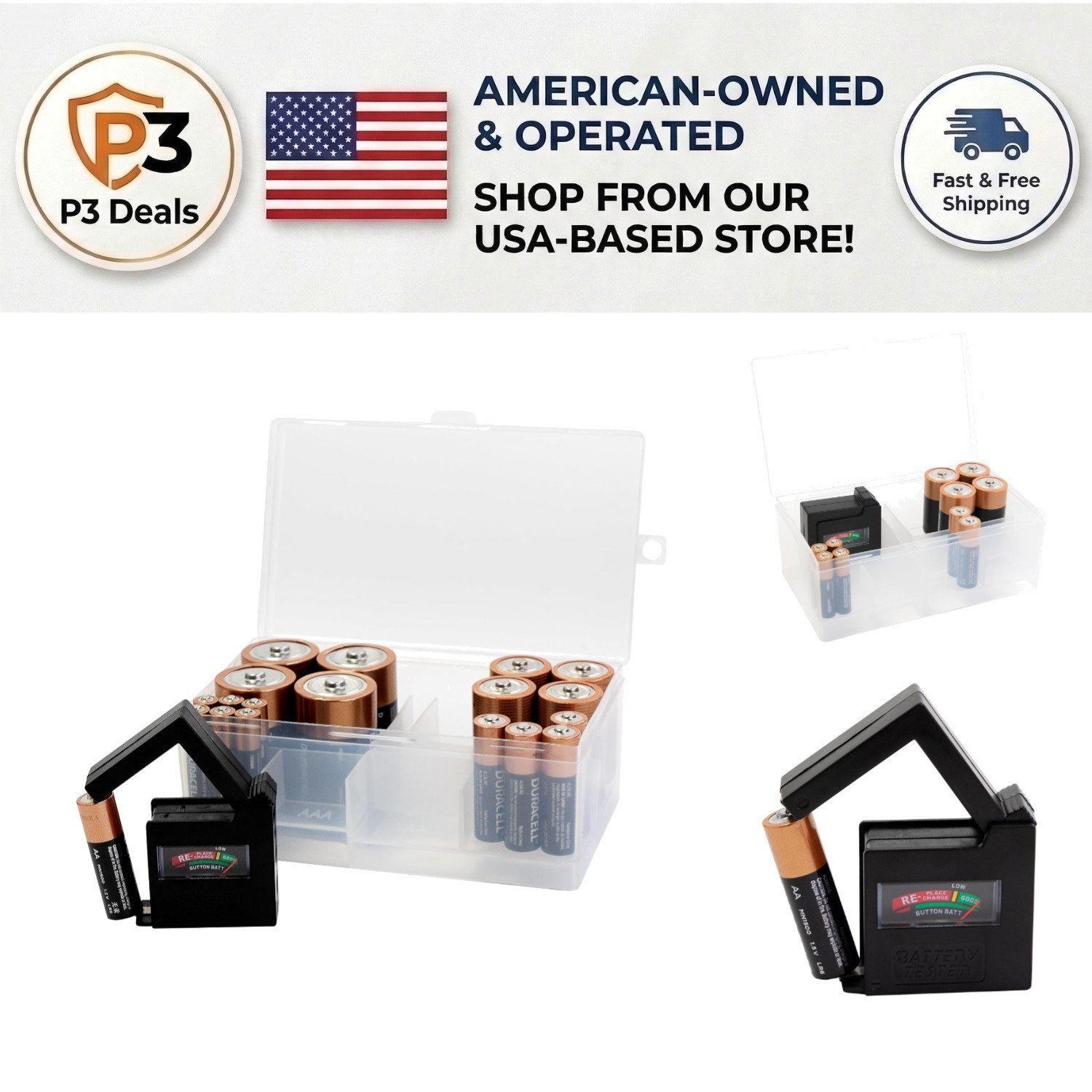 Durable Battery Storage & Tester Case: 12 AAA, 12 AA, 6 C, 4 D Compartment Style