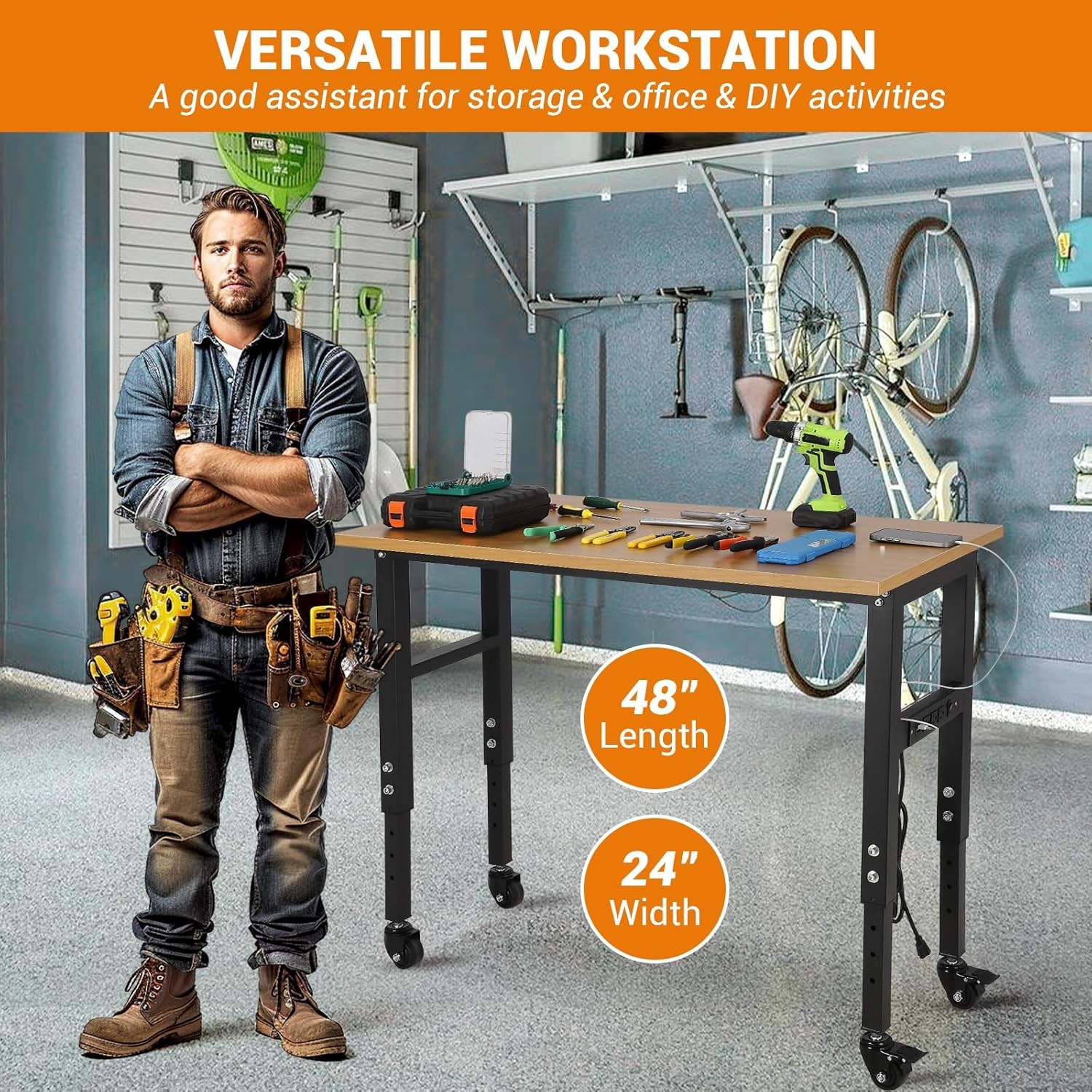 Adjustable 48" Workbench Heavy Duty Garage Table with Power Outlet for Workshop