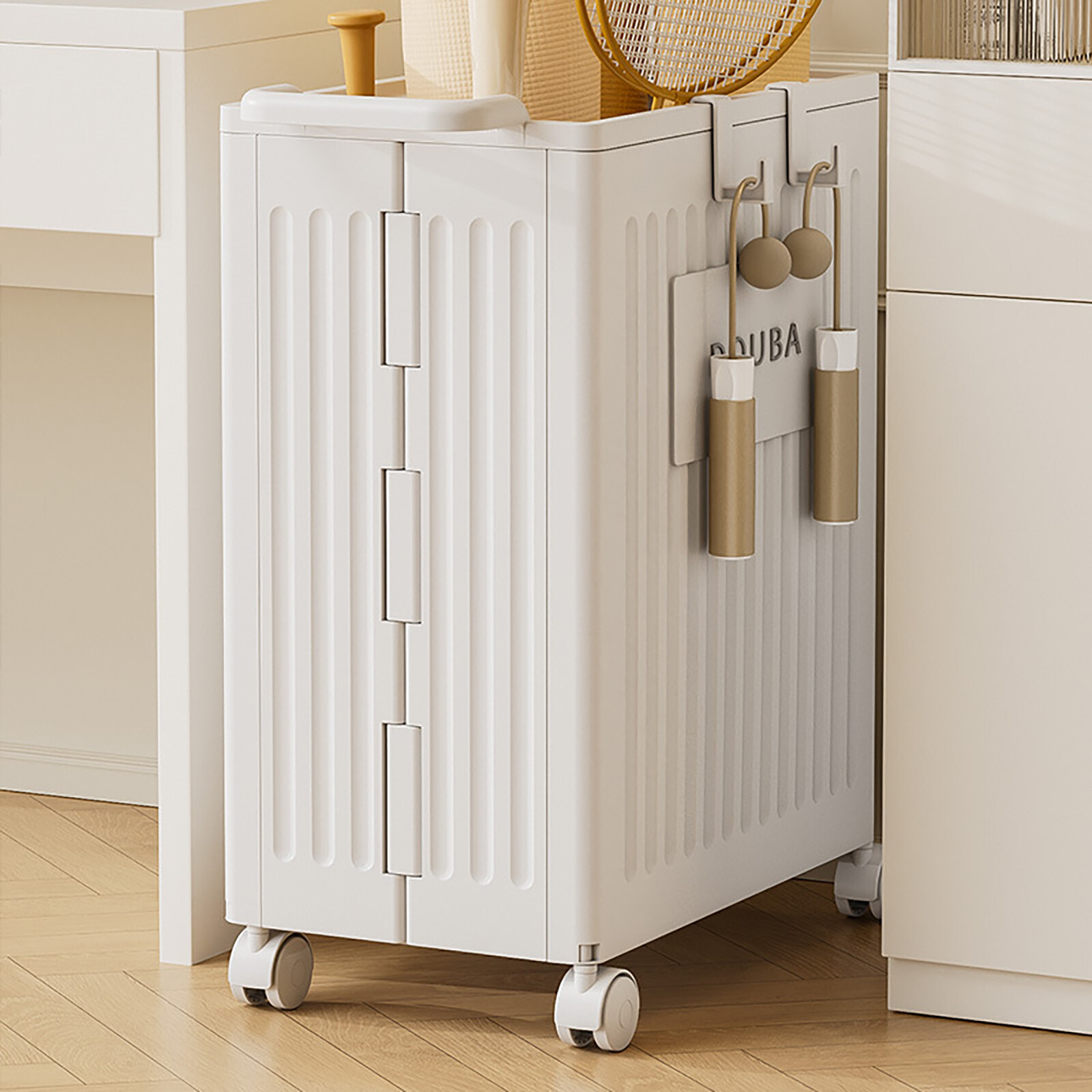 White Foldable Storage Box with Lid 4 Universal Wheels Hooks PP